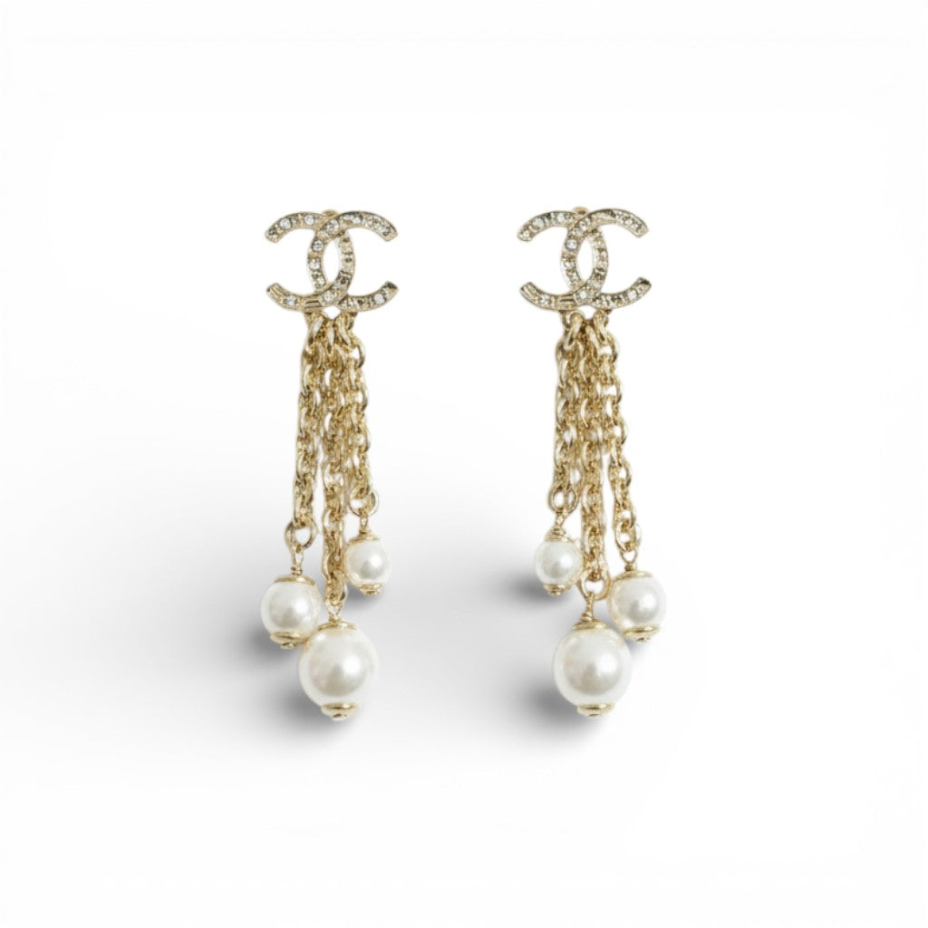 Chanel 25B Drop CC Logo Tassel with Pearls Earrings BNIB