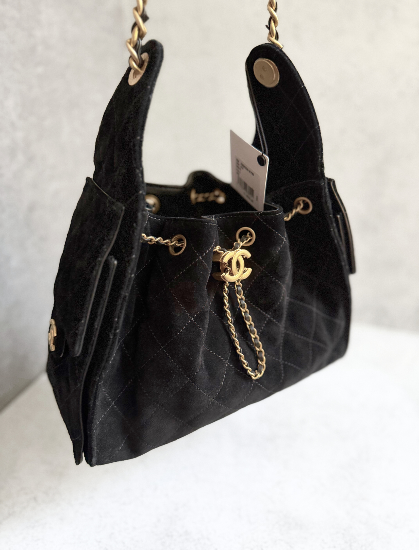 BNIB Chanel 25K Small Hobo Bag Black Suede with Gold Hardware