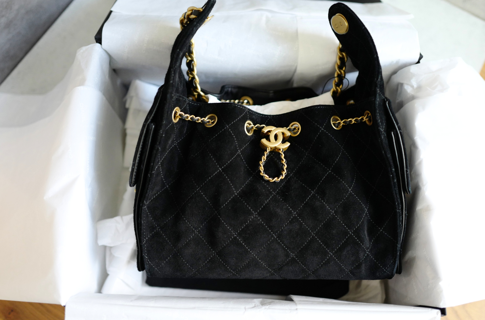 BNIB Chanel 25K Small Hobo Bag Black Suede with Gold Hardware