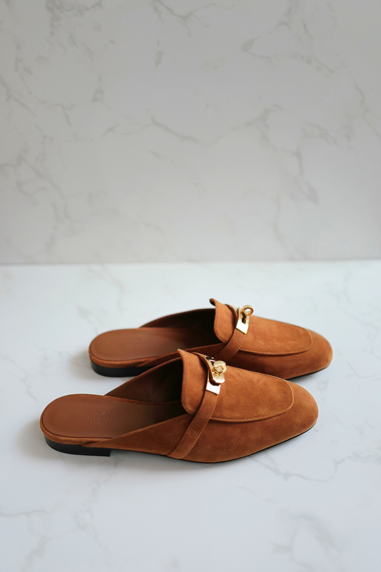 BNIB Hermès OZ Mule Velvet Goatskin Brun Amourette With Gold Hardware Size 39