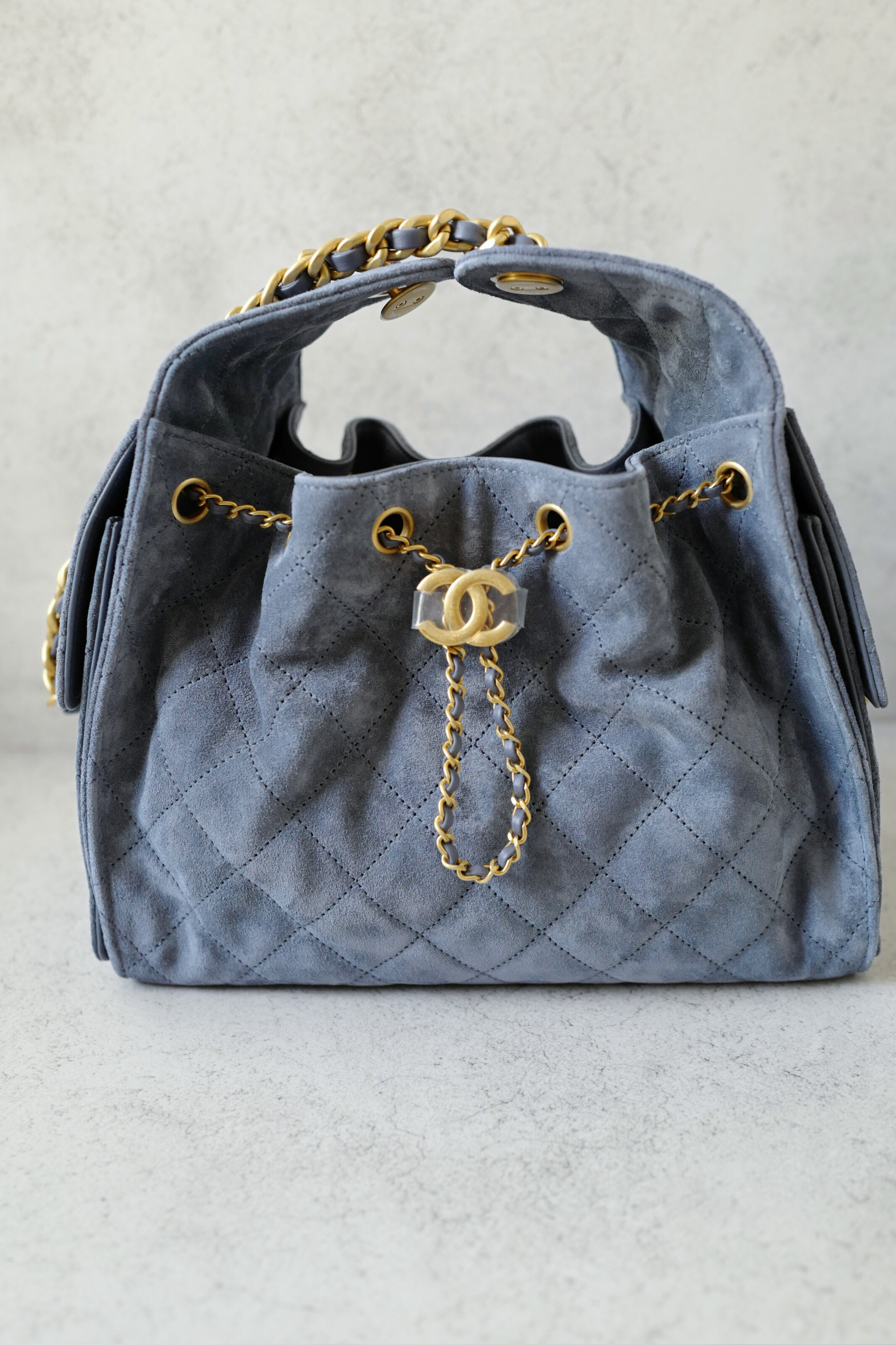 BNIB Chanel Hobo Bag 25K Blue Suede Quilted Gold Chain CC Logo