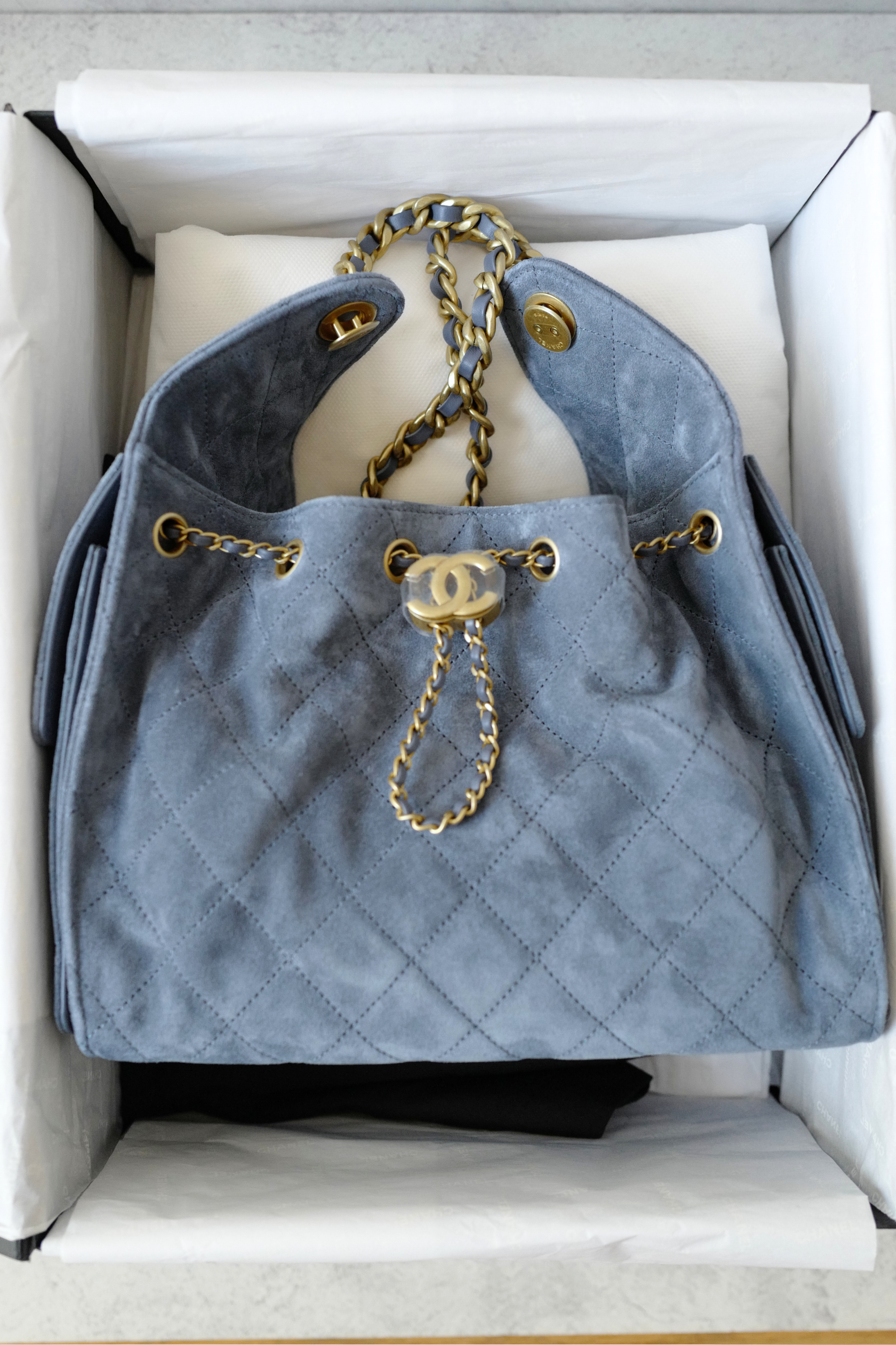 BNIB Chanel Hobo Bag 25K Blue Suede Quilted Gold Chain CC Logo