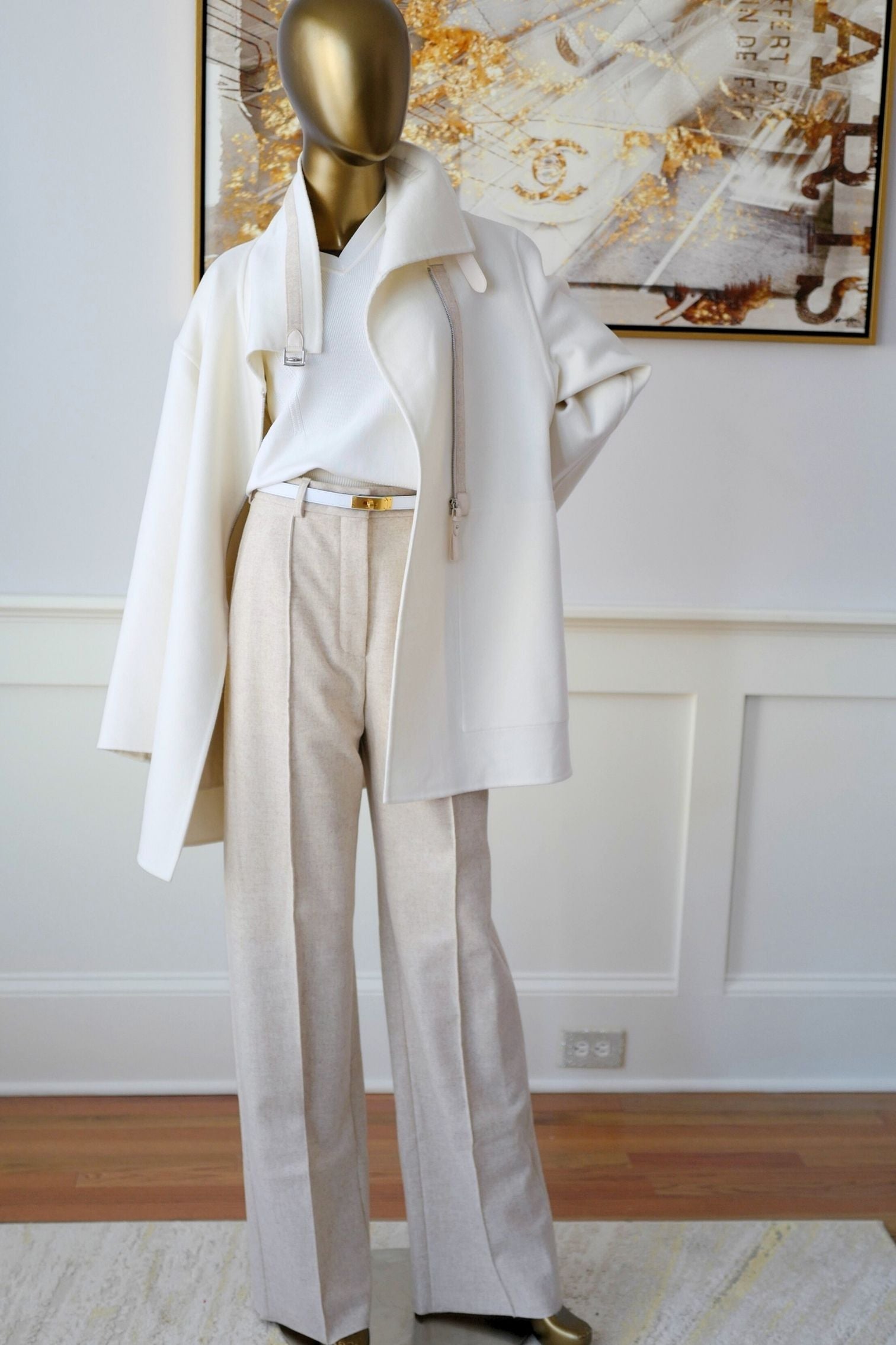 Hermès Double-Face Cashmere Coat with Felt & Leather Details in Natural White Size 34