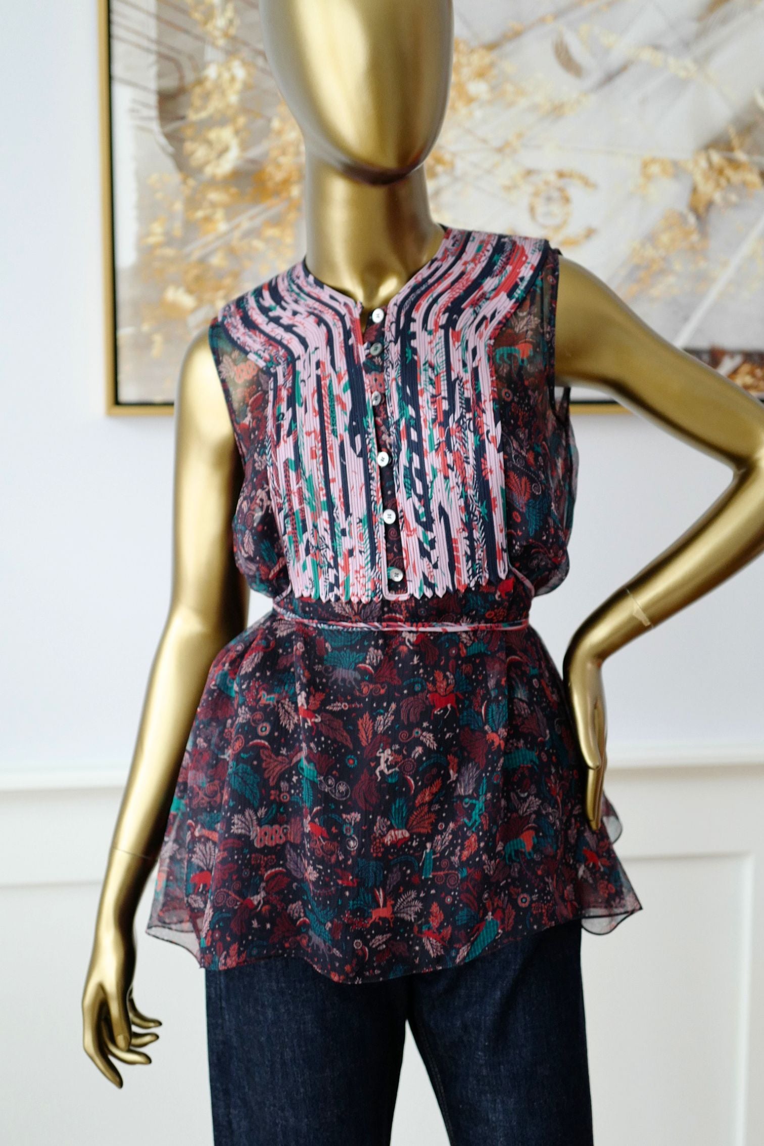 Hermes Silk Blouse Ennobli A Plastron Ox Bleu Marin Sleeveless 36 NEW Two Pcs