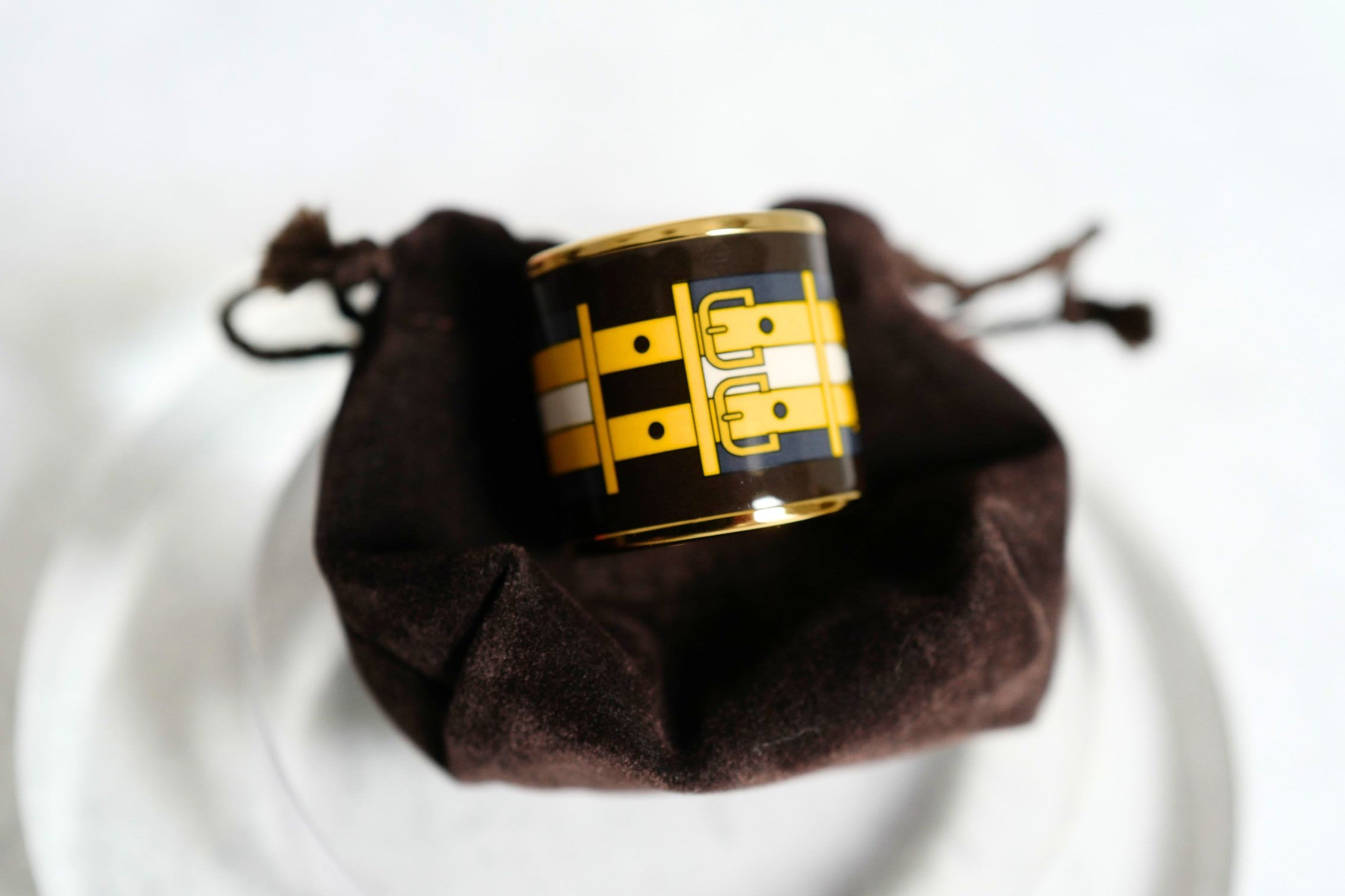 Hermès Rocabar Enamel Scarf Ring Black/Yellow/Blue Striped