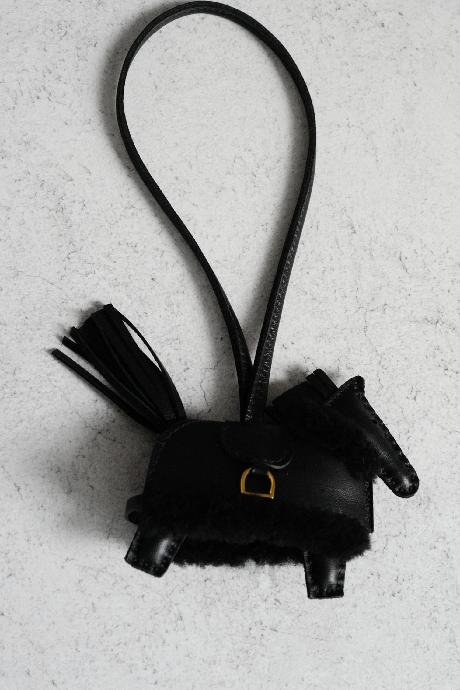 Hermès Horse Charm Rodeo Robeo Plush PM Noir Lambskin Wool Yellow Gold Plated