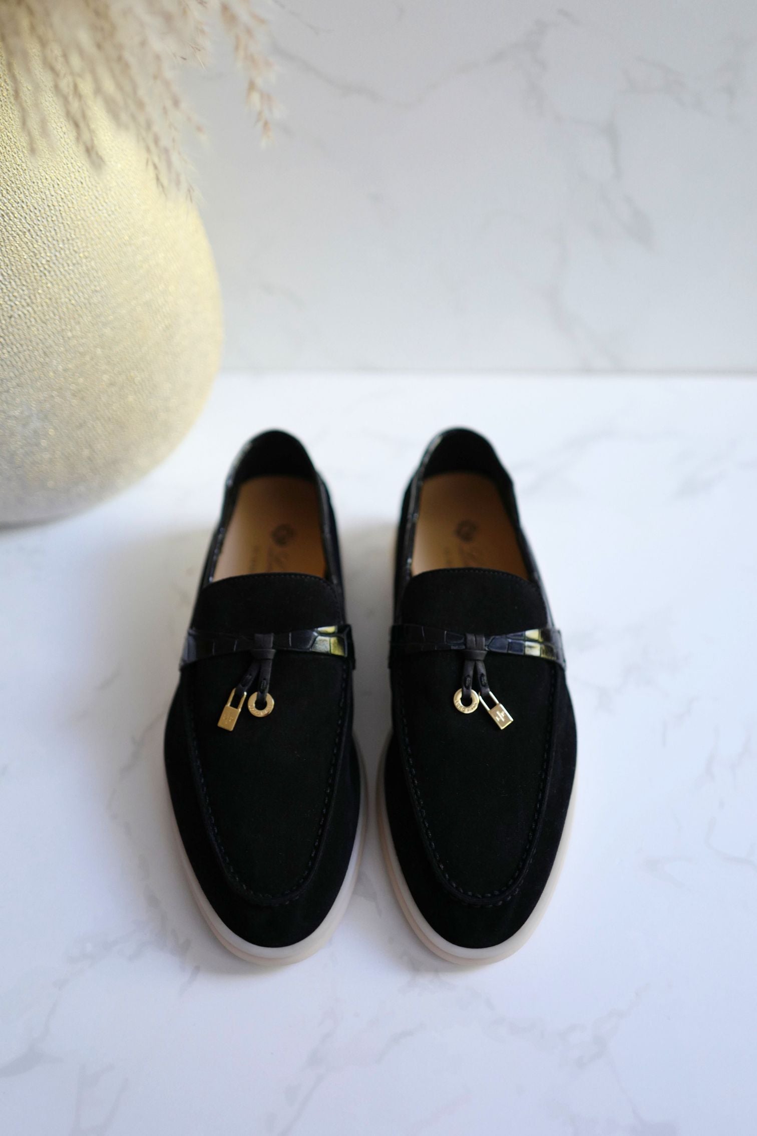 BNIB Loro Piana Summer Charms Walk Loafers In Black Suede Alligator strap Size 37