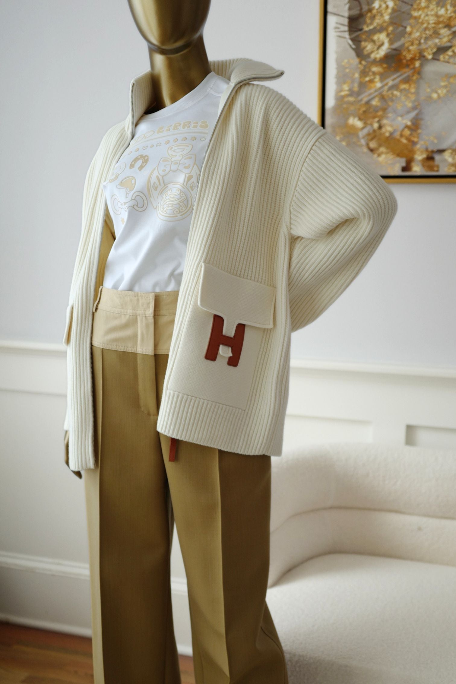 Hermès Blouson Cardigan Blanc Naturel Wool Knit Size 34