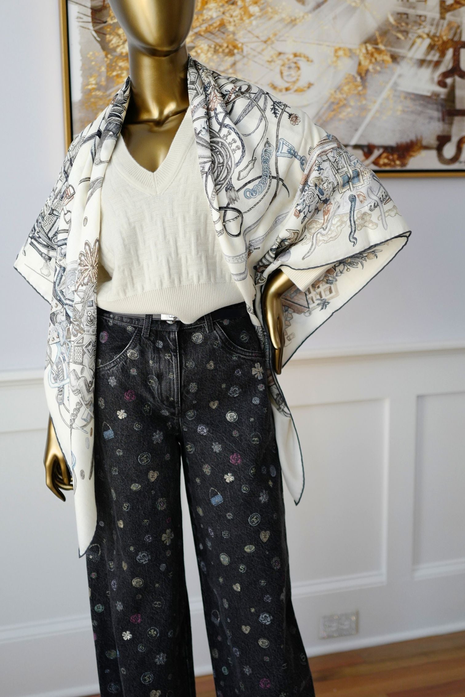 Hermès Le Monde d'Hermès Shawl 140 Cashmere Silk Scarf Blanc Ardoise Etoupe