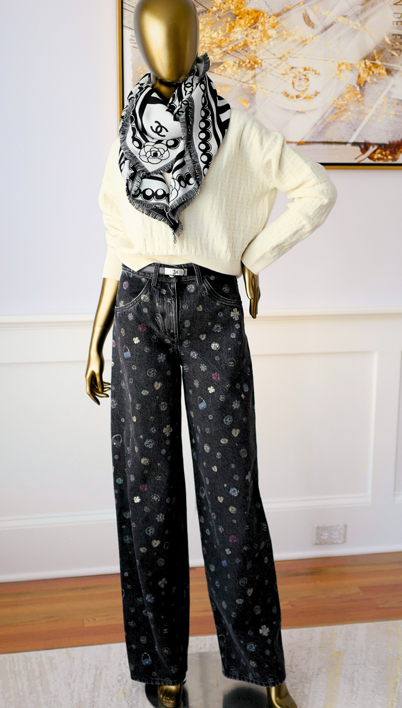 CHANEL 26C Black White Checkered Double CC Scarf Shawl