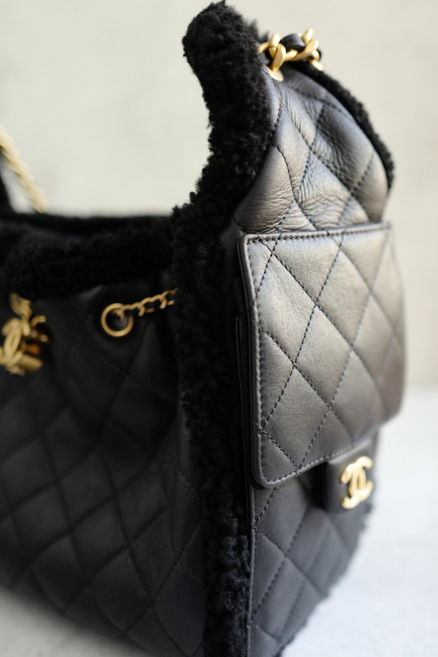 Chanel 25K Small Hobo Bag in Black Shearling and Calfskin Leather Gold Hardware