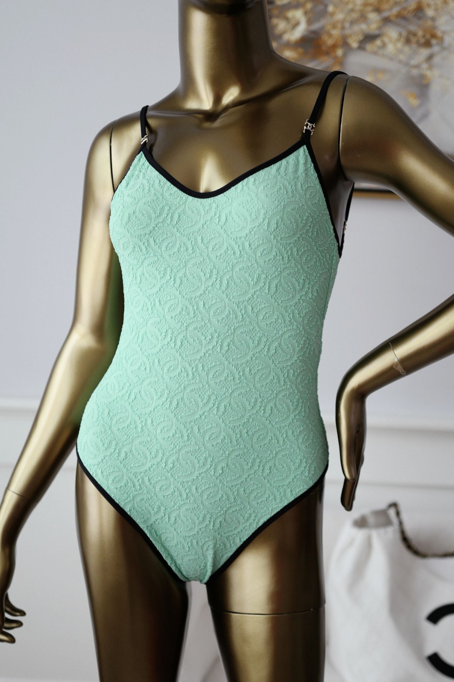 Chanel 26M Coco Beach Swimsuit Vert Stretch Jersey Size 36