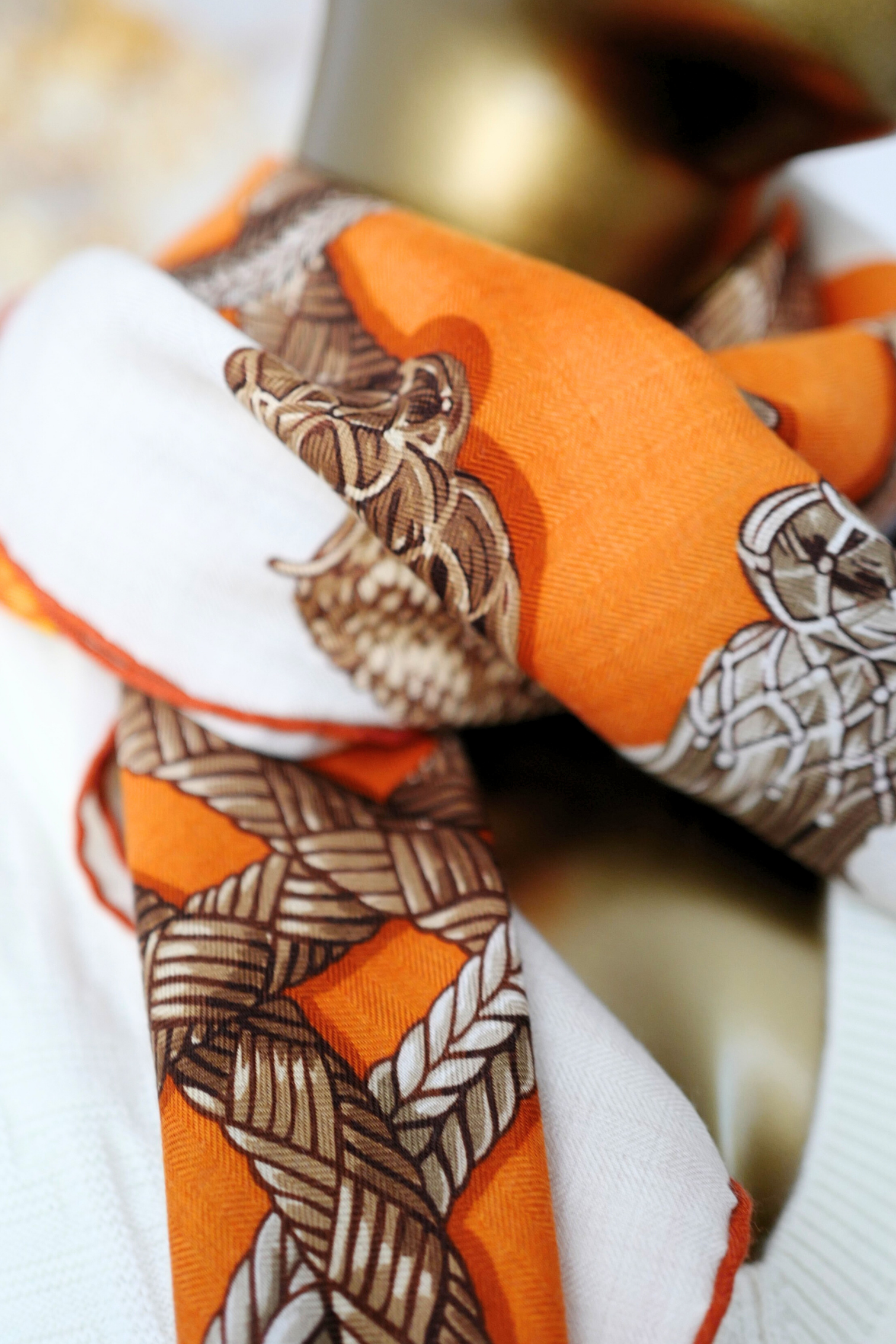 Hermès Palefroi Shawl 140 Cashmere Silk – Naturel / Orange Cuit / Cannelle