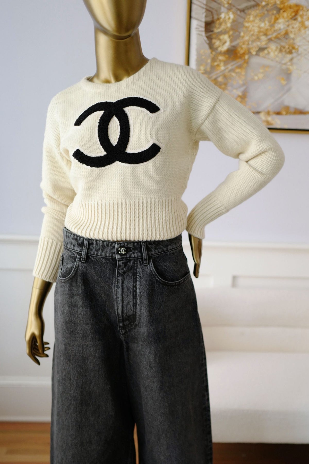 NEW Chanel 26N Pullover Sweater Wool & Cashmere Ecru Black CC Logo Size 36