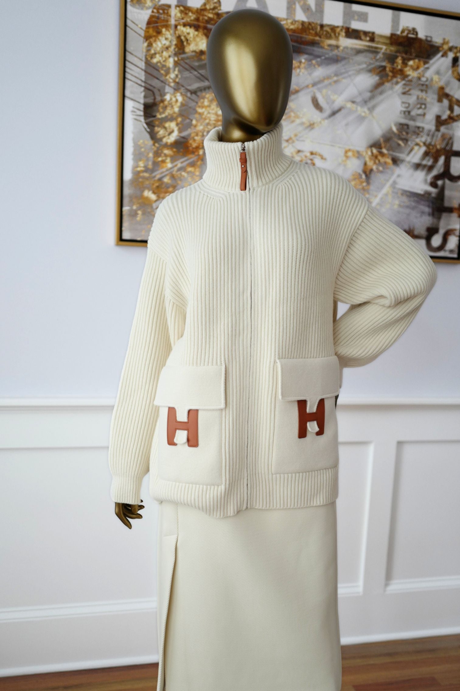 Hermès Blouson Cardigan Blanc Naturel Wool Knit Size 34