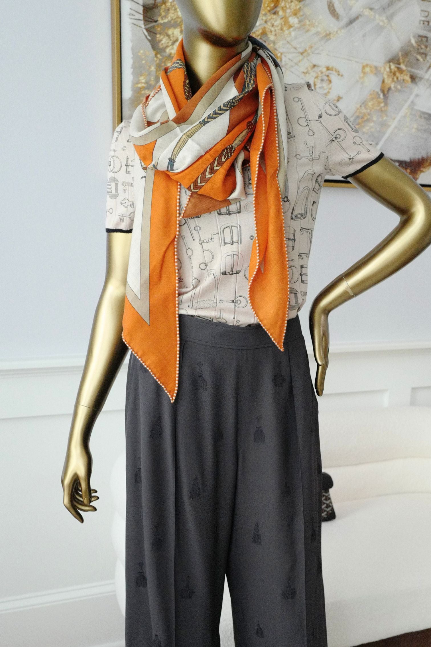 Hermès Clic-Clac Triangle Scarf Orange Cuit /Naturel/Caramel Cashmere Silk