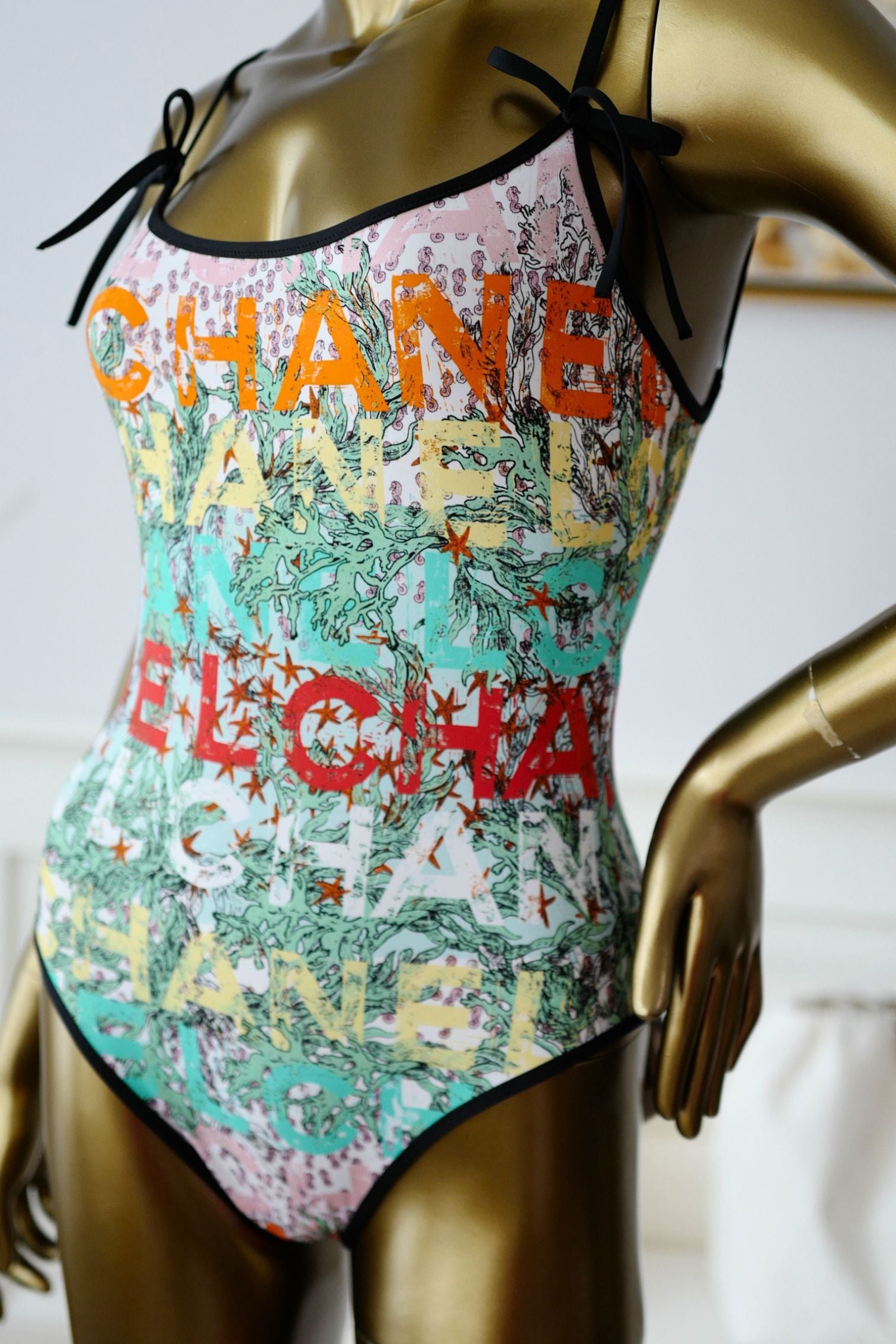 Chanel 26M Coco Beach Swimsuit Multicolor Stretch Jersey Size 36