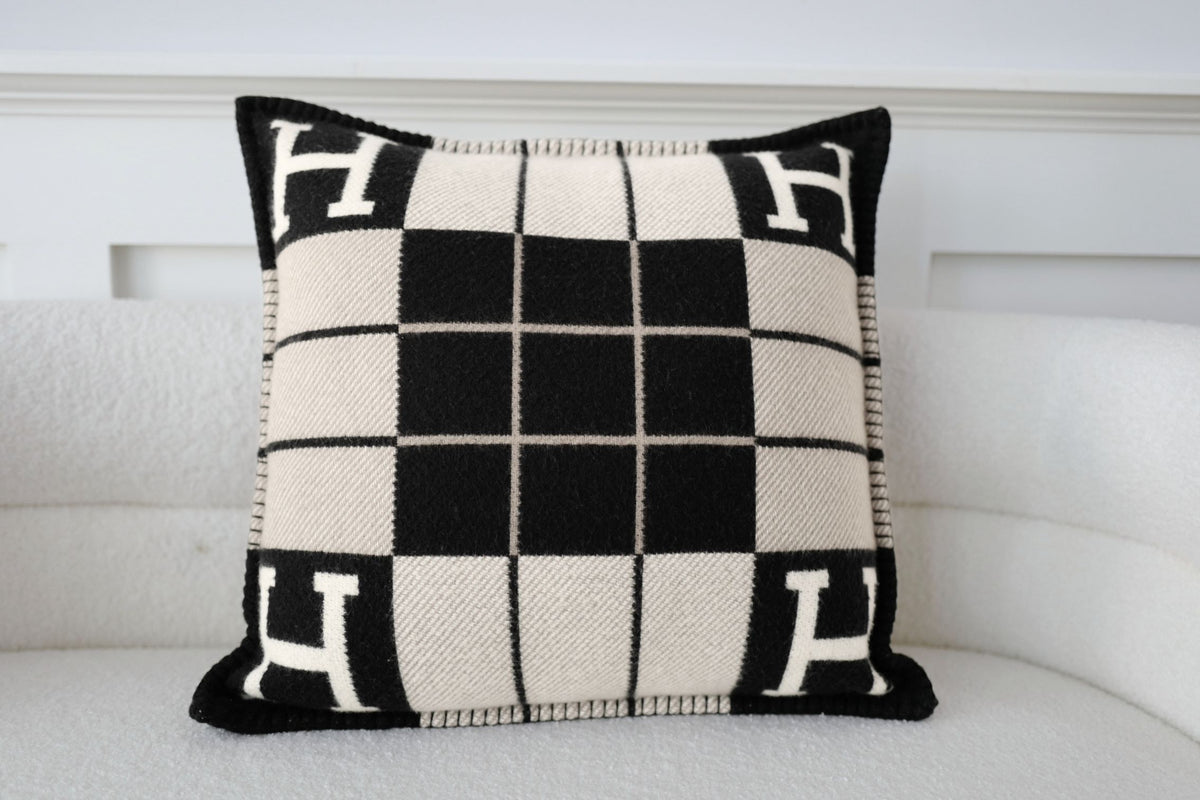 New Hermes Avalon III Jacquard Cushion Petit Modele Wool Cashmere Ecru Noir