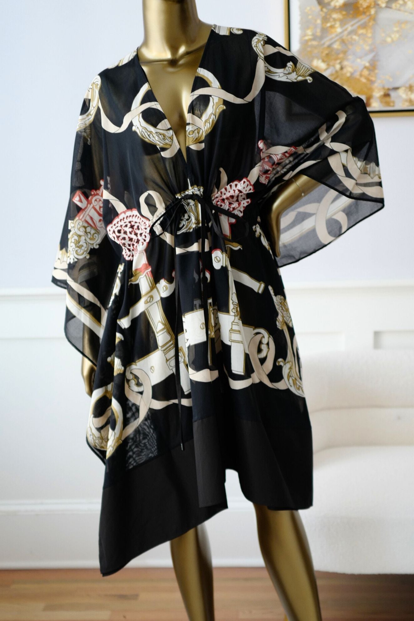 Hermès Woman Beach Caftan "Ferronnerie Remix" in Noir Cotton Voile One Size