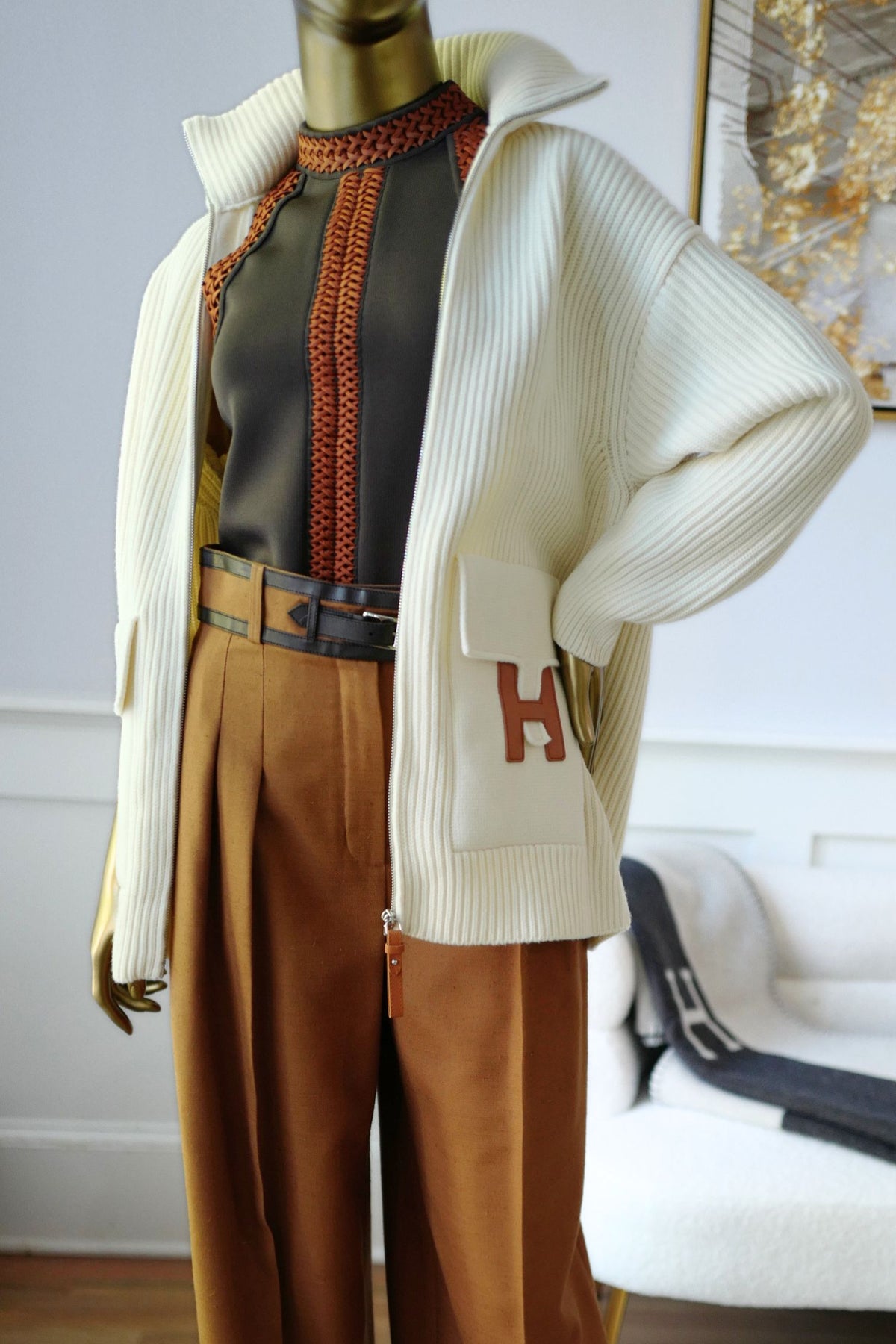 NEW Hermes Blouson Cardigan Wool Knit Blanc Naturel Size 34