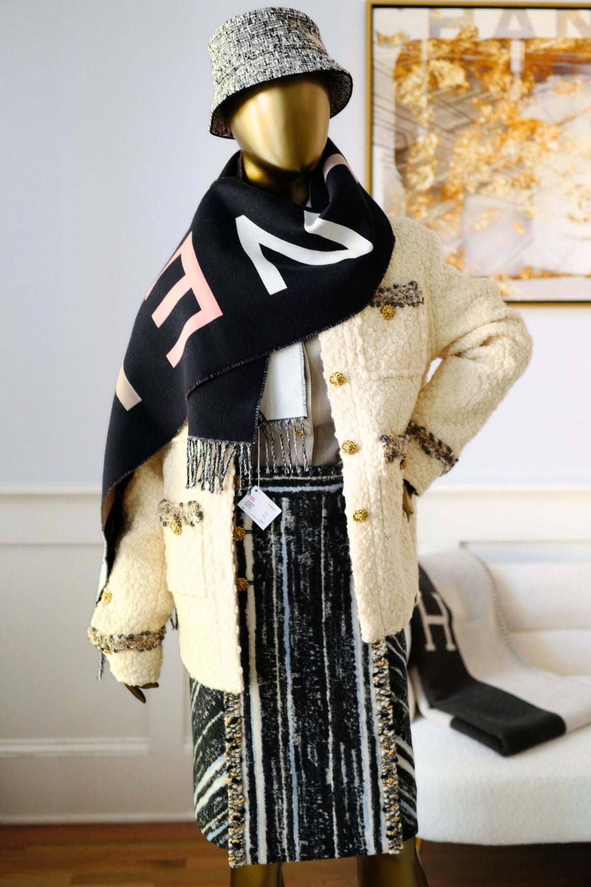 NEW Chanel 26K Oversized Jacket Wool String with Silk Lining Beige Size 36
