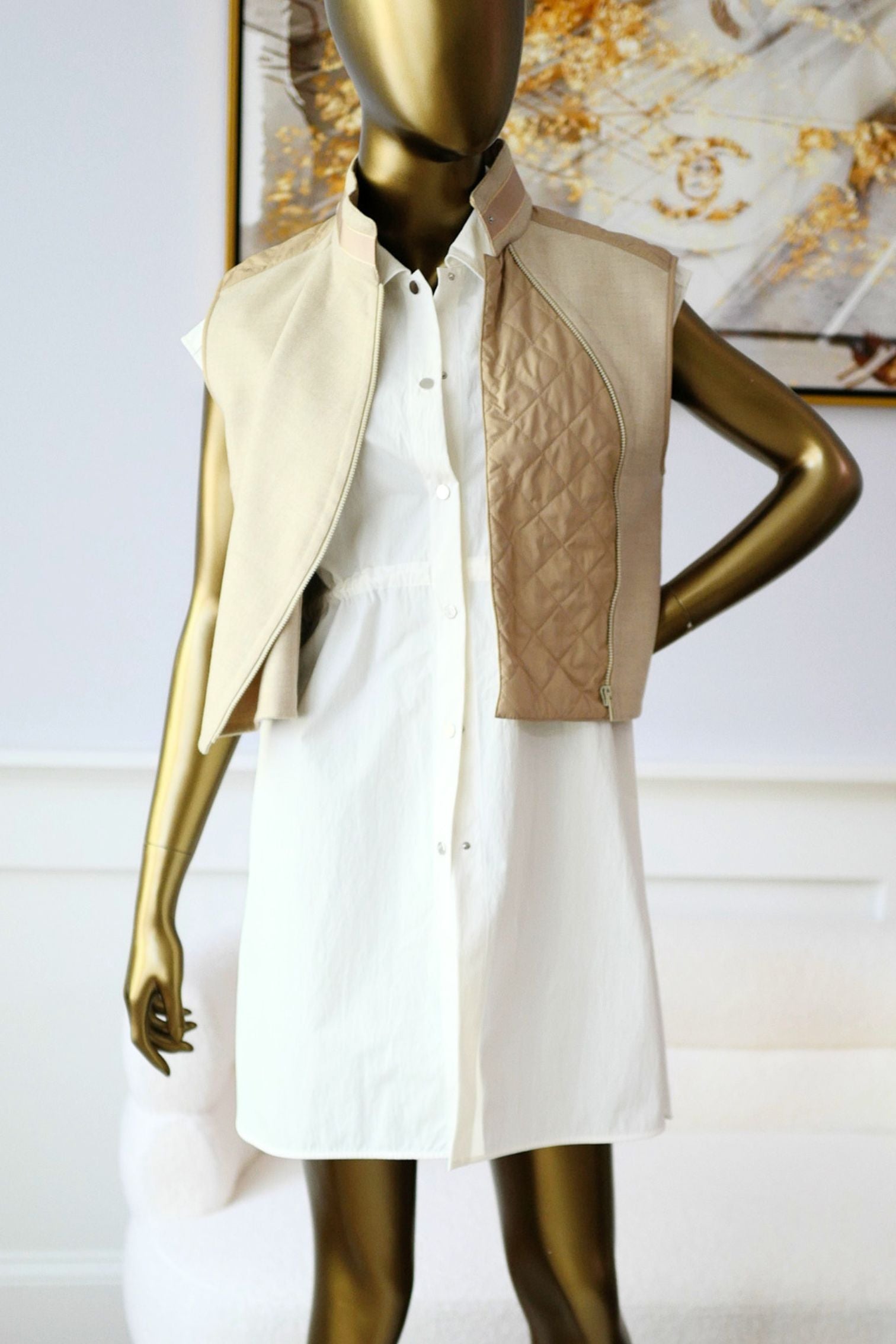 Hermès Blouson Sans Manches Mix Matière Blanc Marbre Wool Size 36