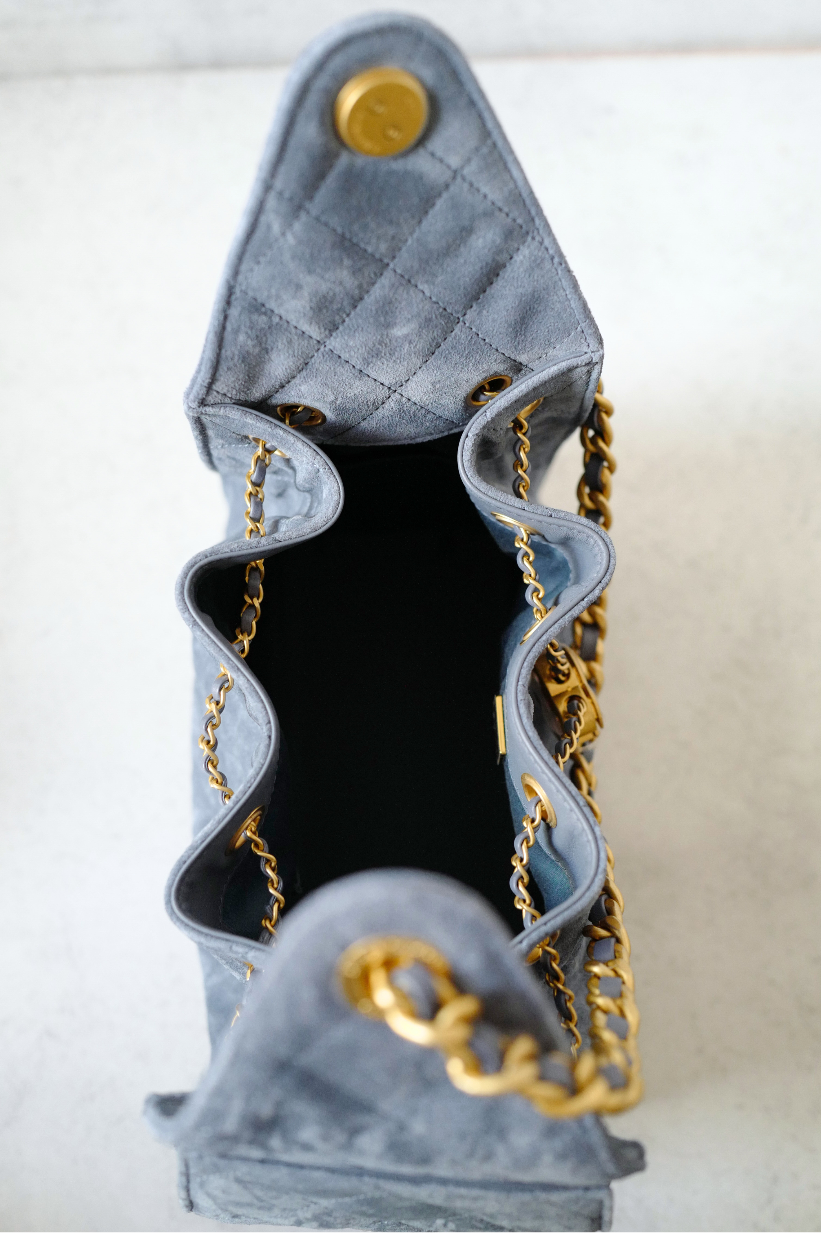 BNIB Chanel Hobo Bag 25K Blue Suede Quilted Gold Chain CC Logo