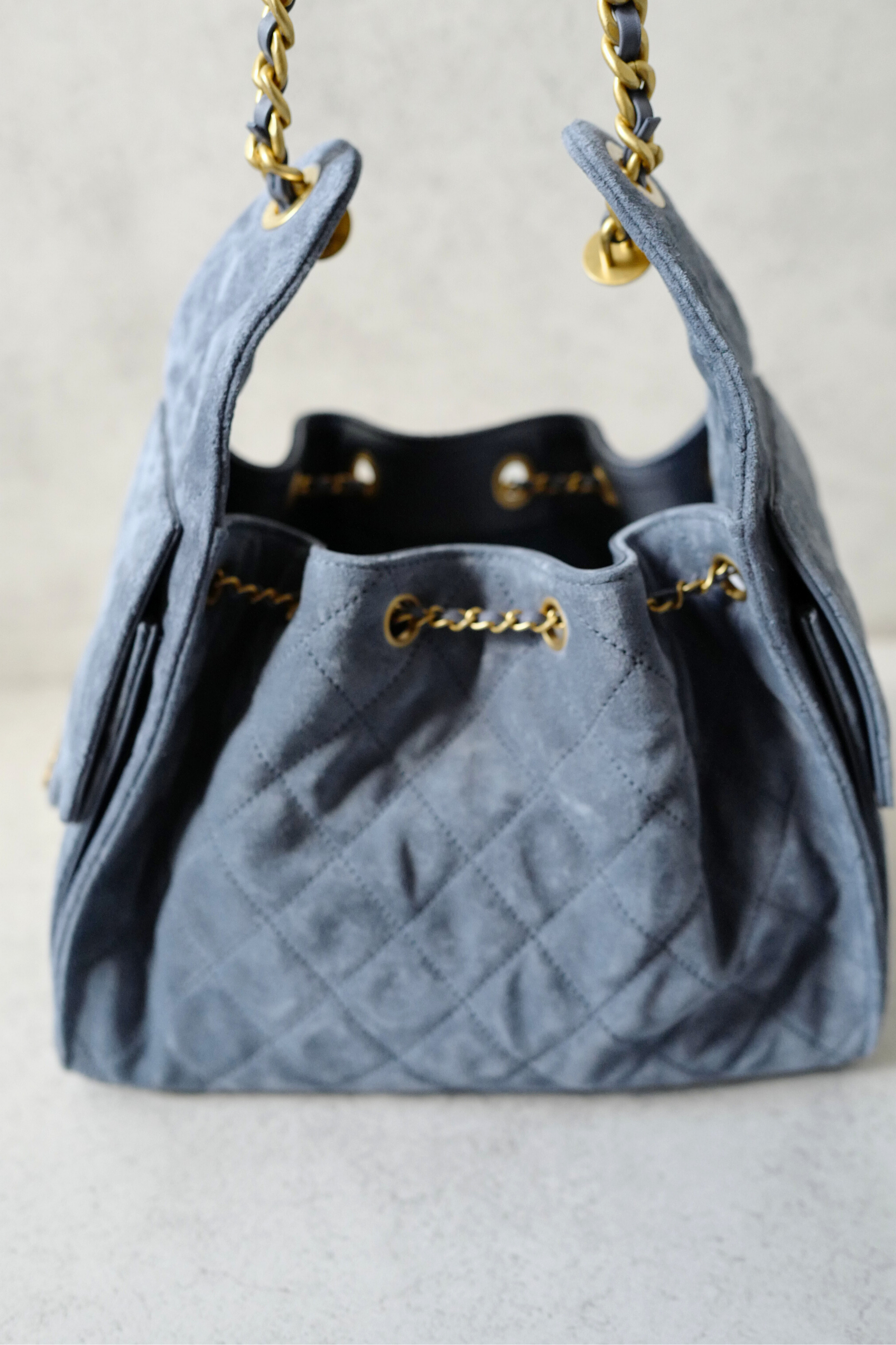 BNIB Chanel Hobo Bag 25K Blue Suede Quilted Gold Chain CC Logo