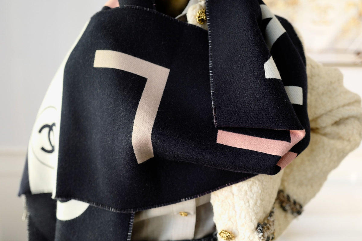 NEW Chanel 25C Wool Shawl Scarf CC Logo Dark Navy Ecru