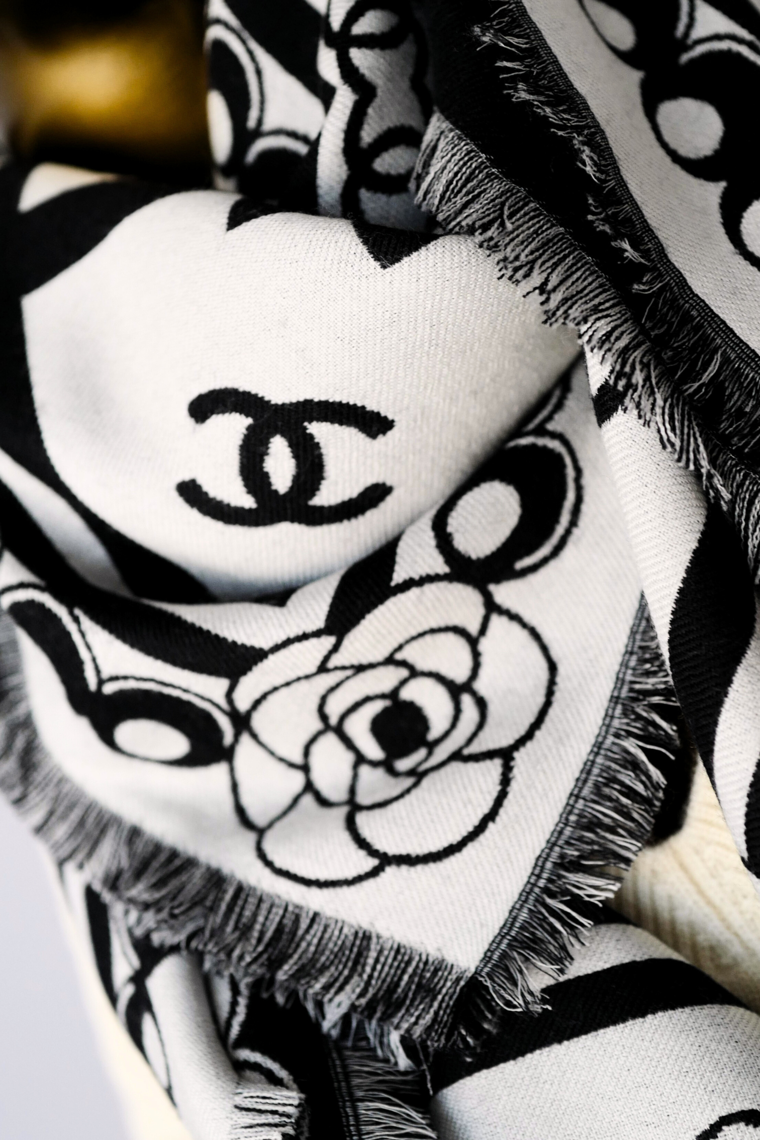 CHANEL 26C Black White Checkered Double CC Scarf Shawl