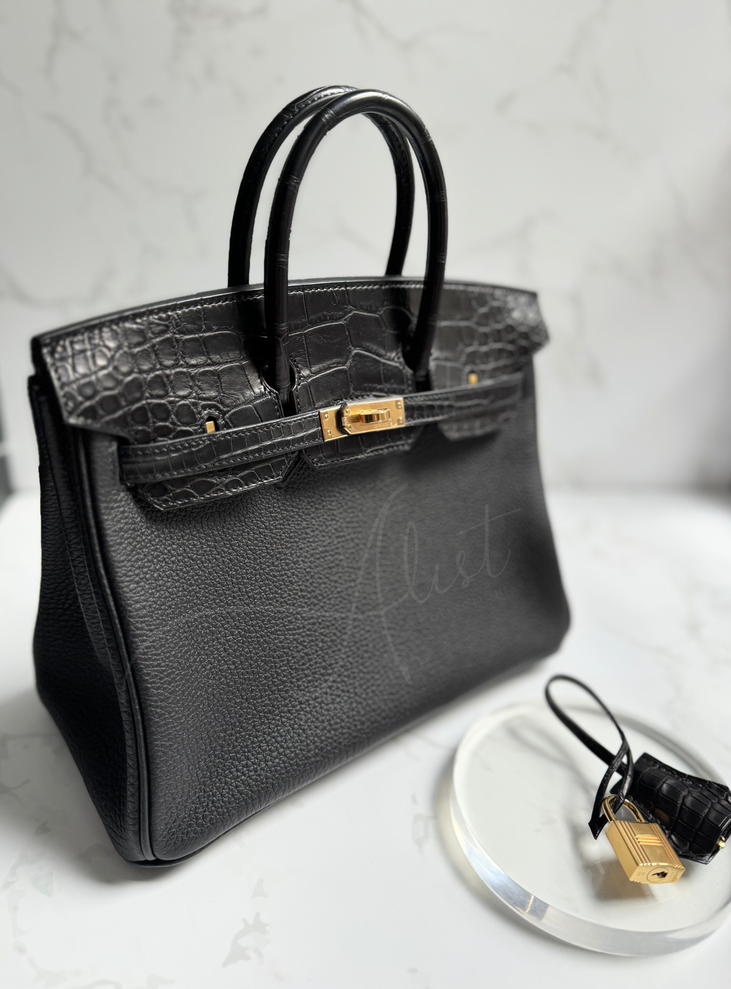 BNIB Hermes Birkin 25 touch matte alligator in noir/black gold hw with rec