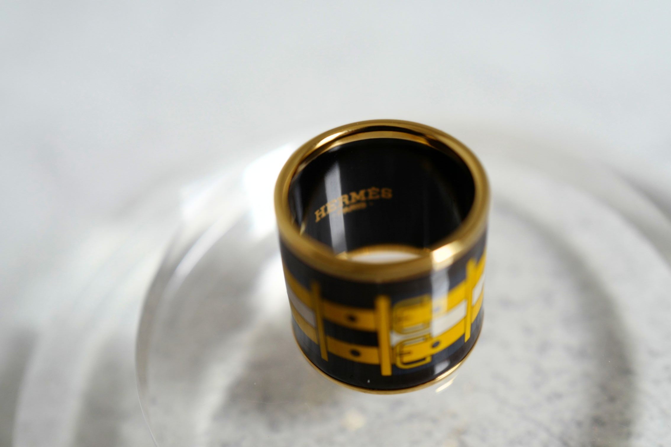 Hermès Rocabar Enamel Scarf Ring Black/Yellow/Blue Striped