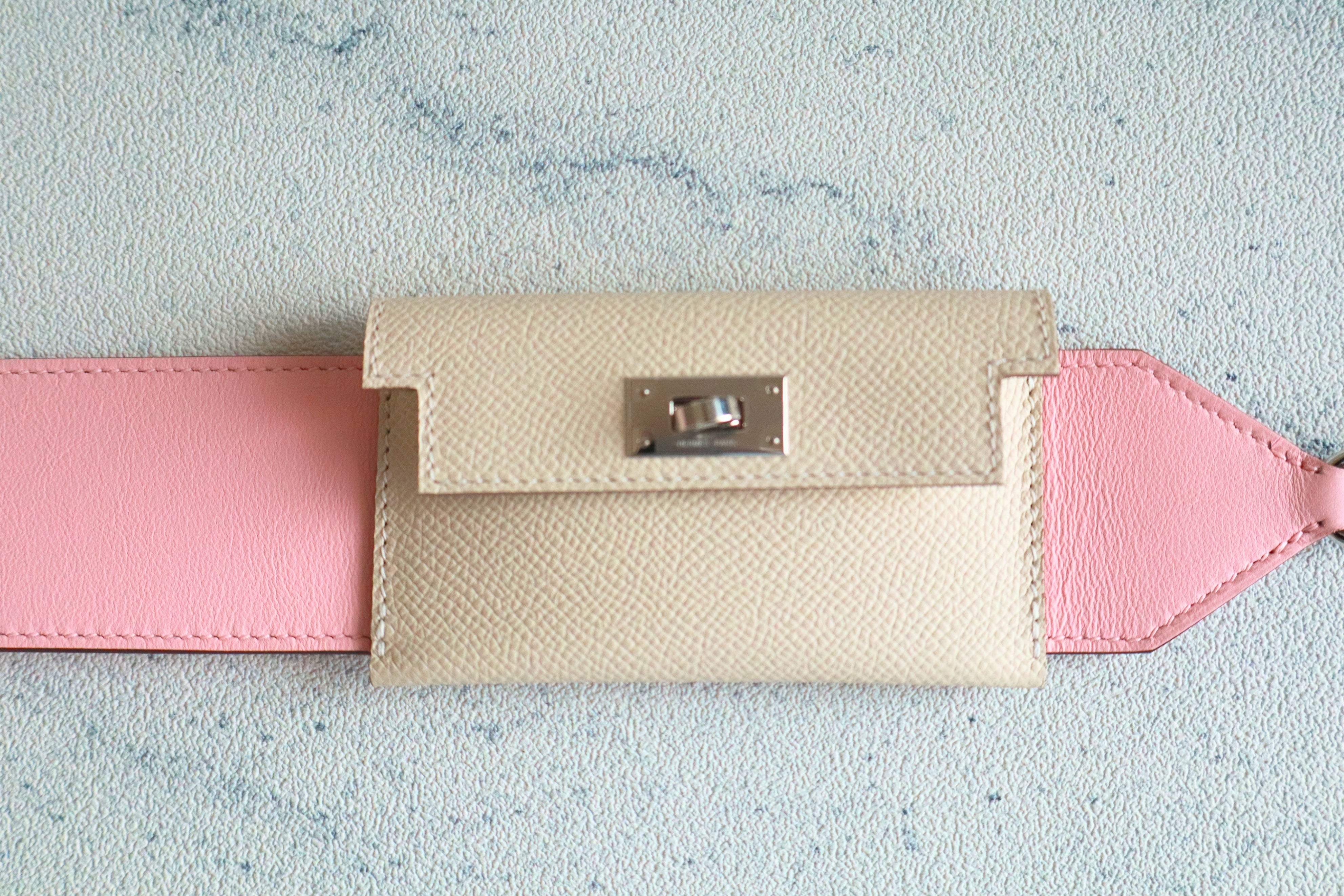 NEW Hermes Kelly Pocket Bag Strap Rose Sakura/Craie Swift Epsom Calfskin 85 cm