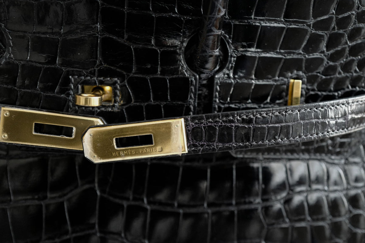 Hermès Birkin 35 Black Shiny Porosus Crocodile Gold HW #D Preowned Condition