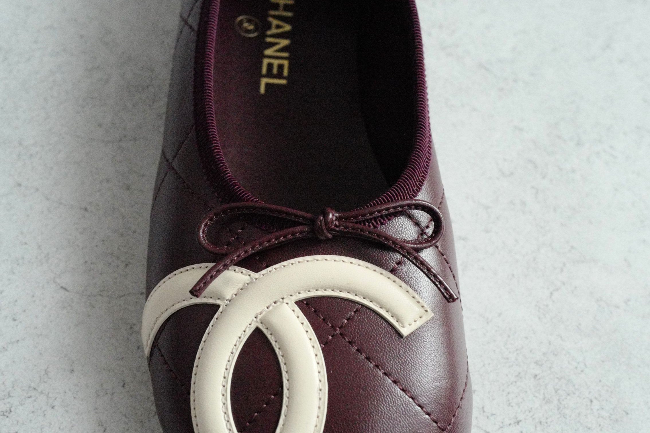 Chanel 26M Coco Beach Ballet Flats Burgundy White Lambskin Size 37
