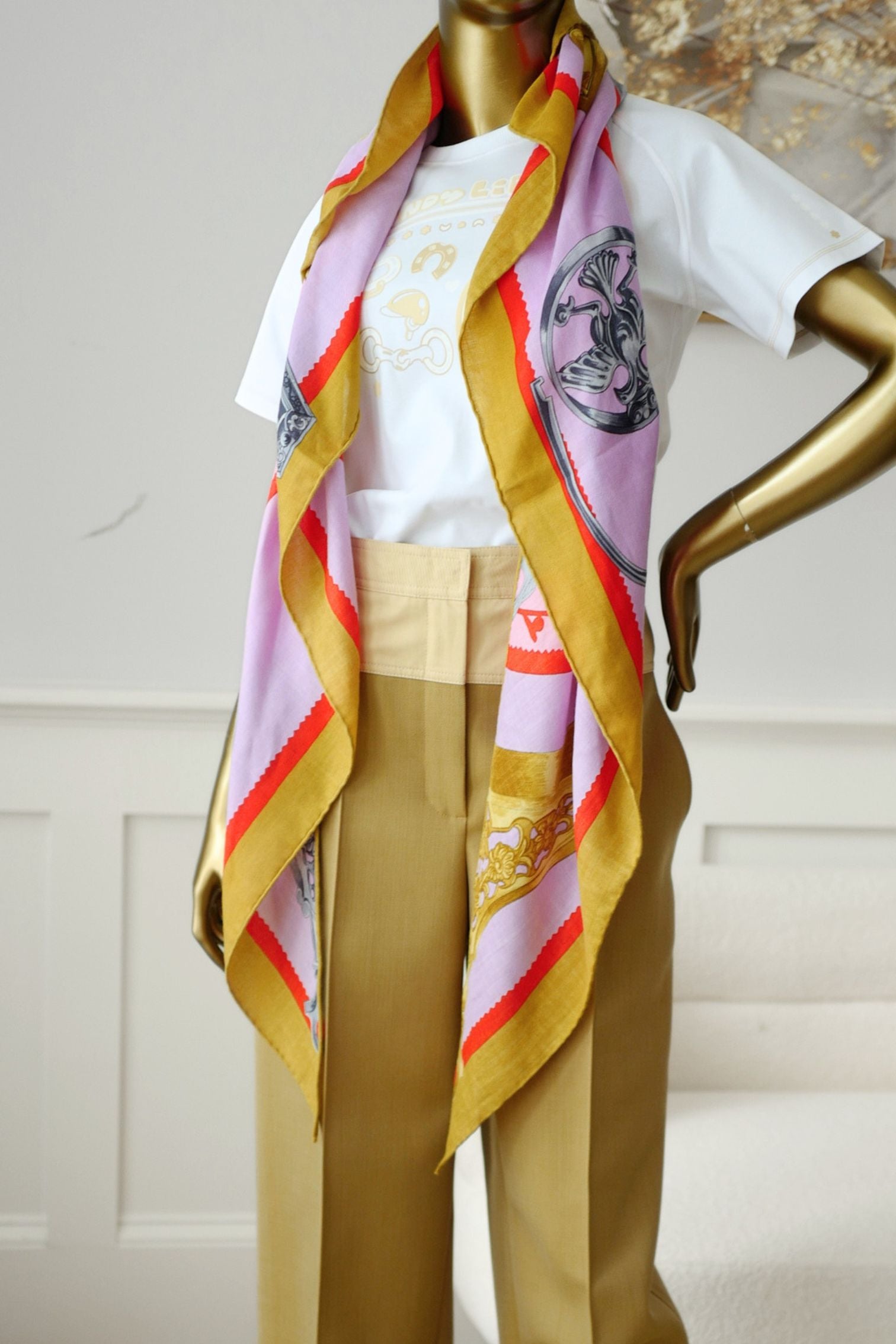 Hermès Etriers Triangle Scarf Pink Multicolor Cashmere Silk