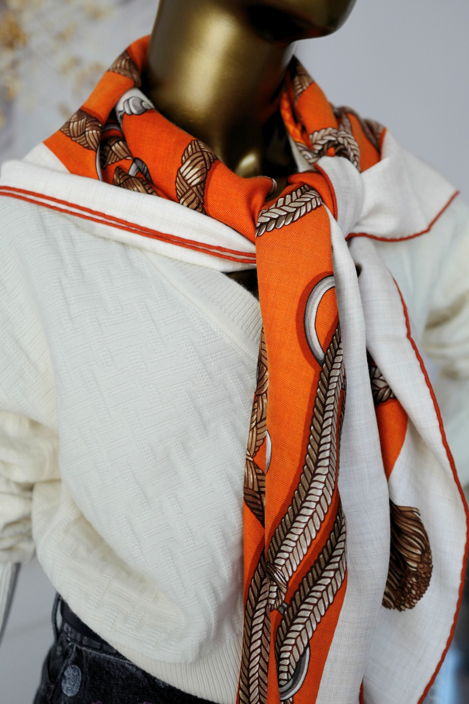 Hermès Palefroi Shawl 140 Cashmere Silk – Naturel / Orange Cuit / Cannelle