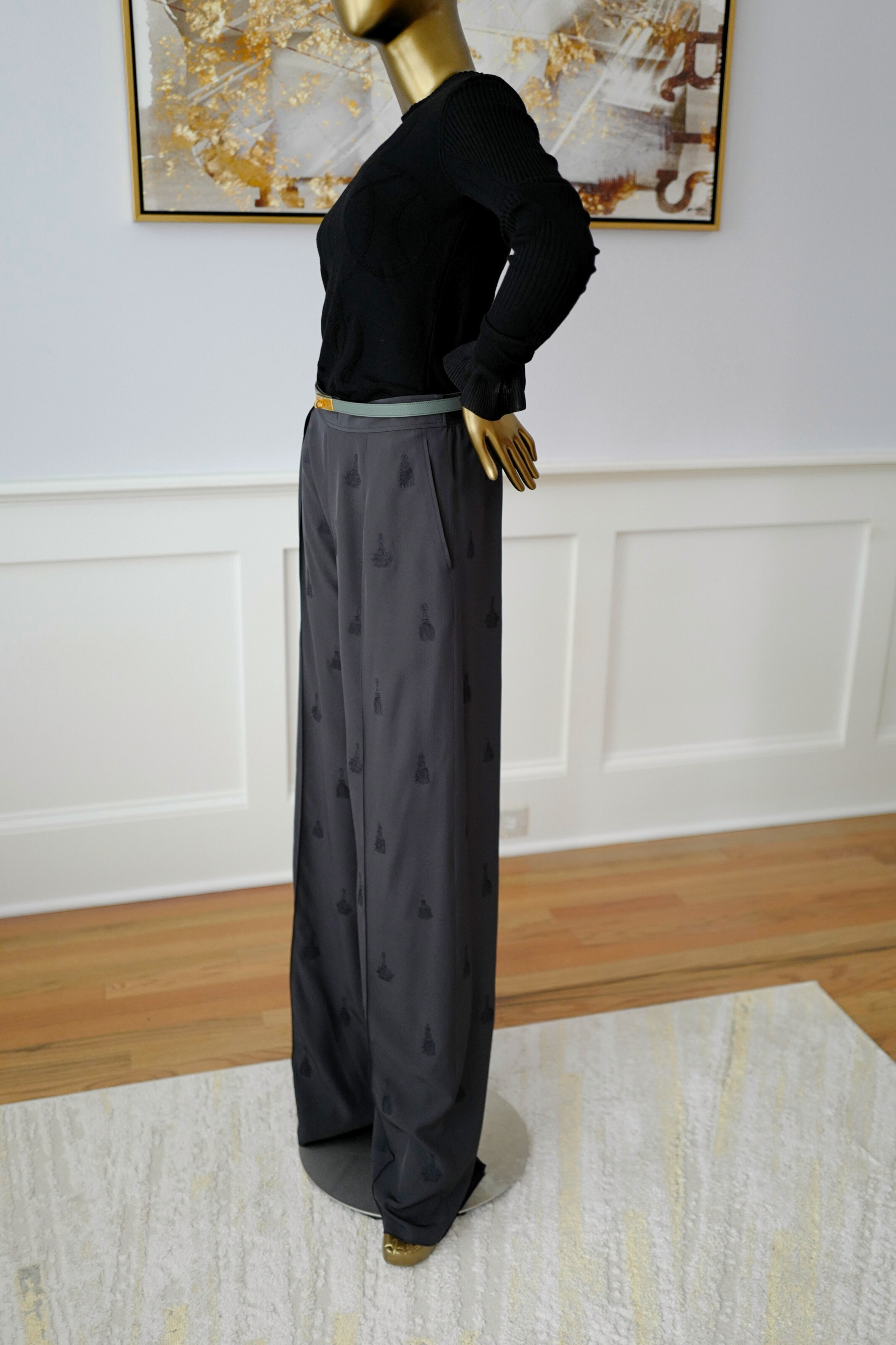NEW Hermès Women’s Pajama Pants Embroidered Silk Canvas Gris Charbon Size 36