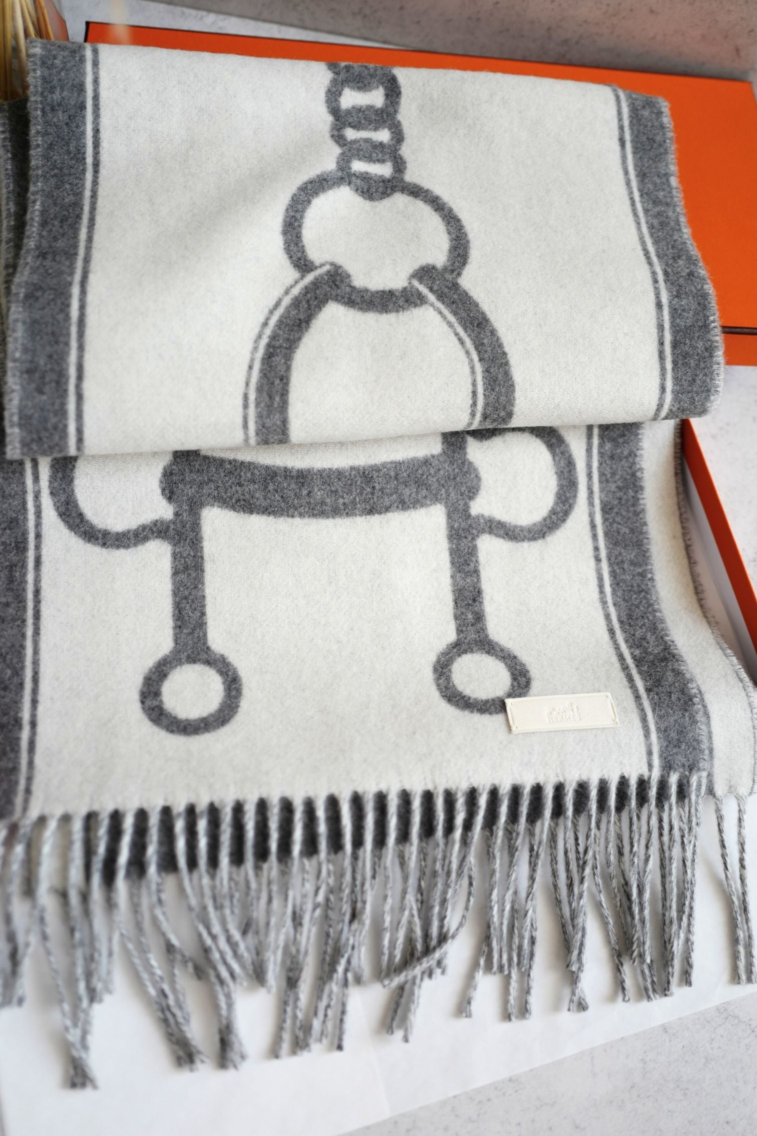 Hermès Casaque Mors Cashmere Scarf in Ivoire Gris Flanelle