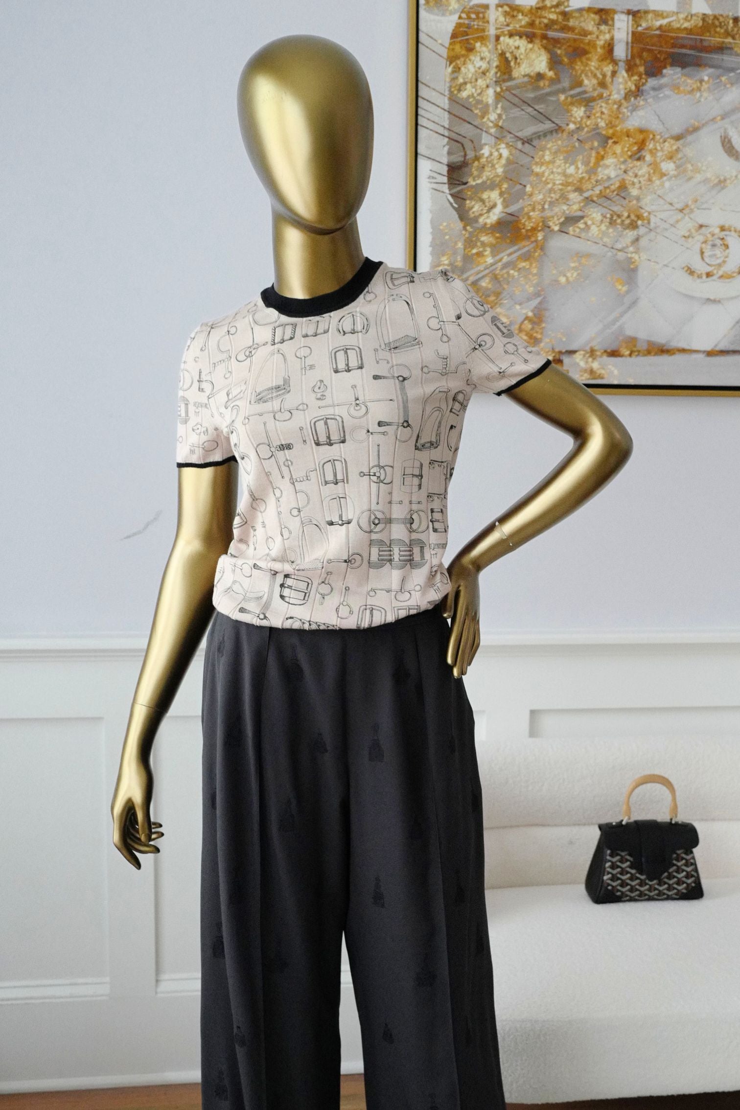 Hermès Short Sleeve Sweater "Cahier du Colporteur" Beige Cashmere Silk Size 36
