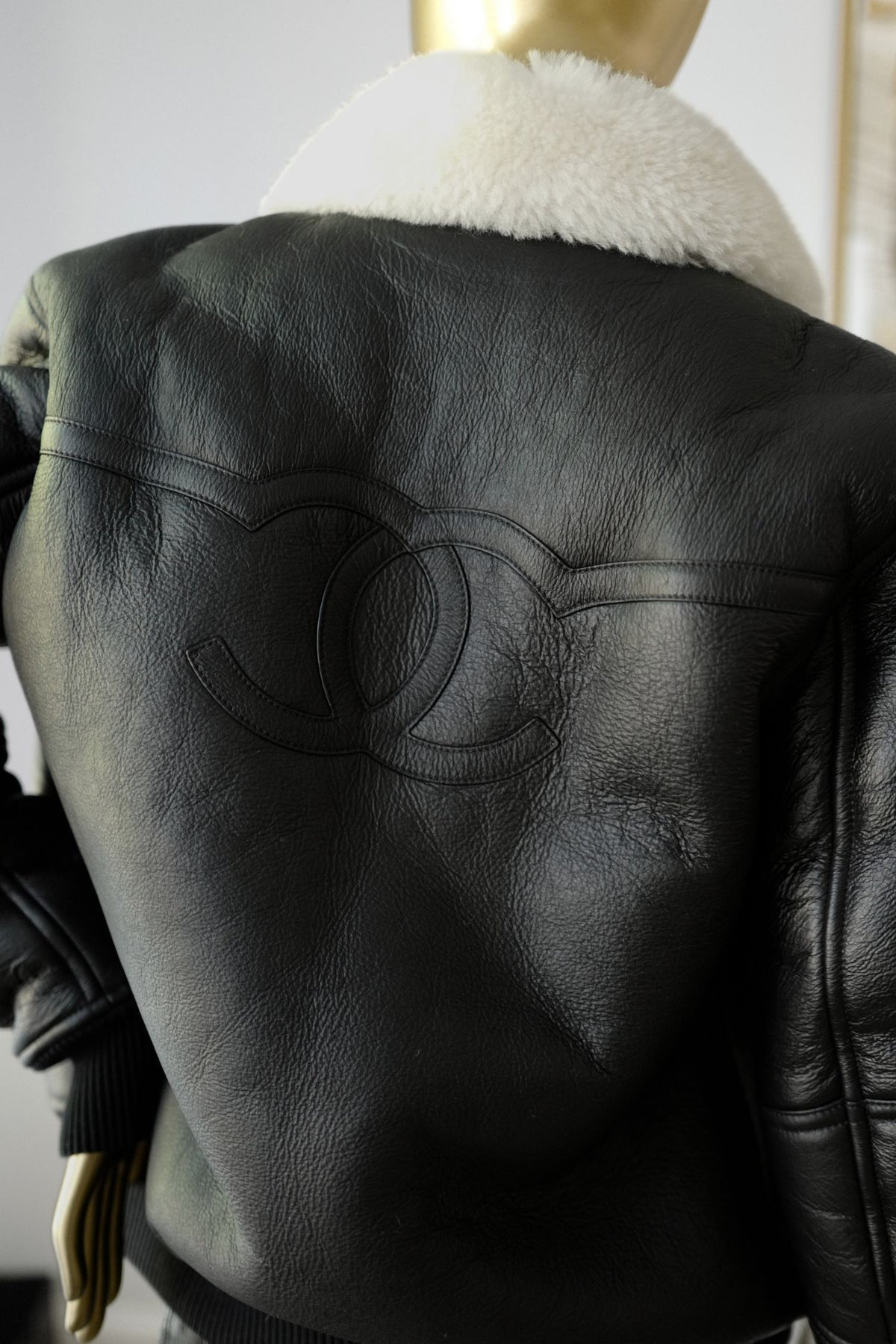 Chanel 26B Blouson Jacket Black White Shearling Lambskin Size 36