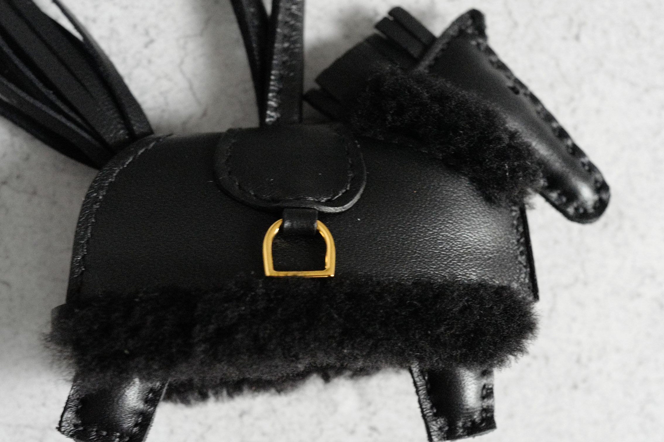 Hermès Horse Charm Rodeo Robeo Plush PM Noir Lambskin Wool Yellow Gold Plated