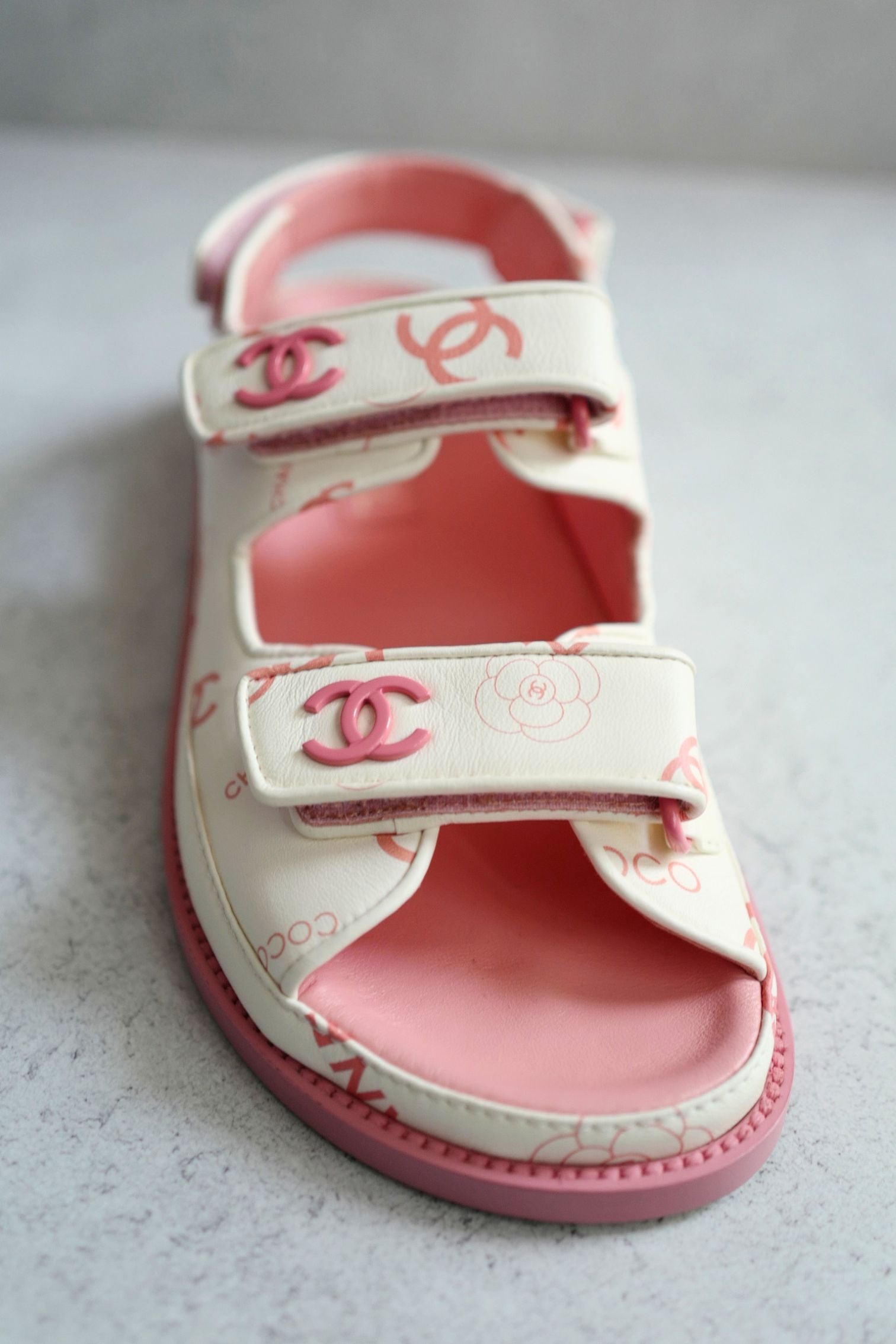 BNIB Chanel Dad Sandal 23A Monogram CC Logo In White/Pink Pink CC Logo Socks