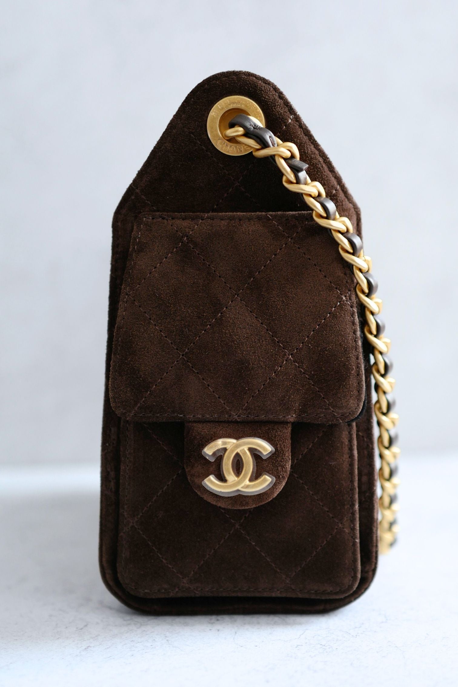 Chanel 26C Mini Hobo Shoulder Bag Dark Brown Suede Calfskin Gold Hardware