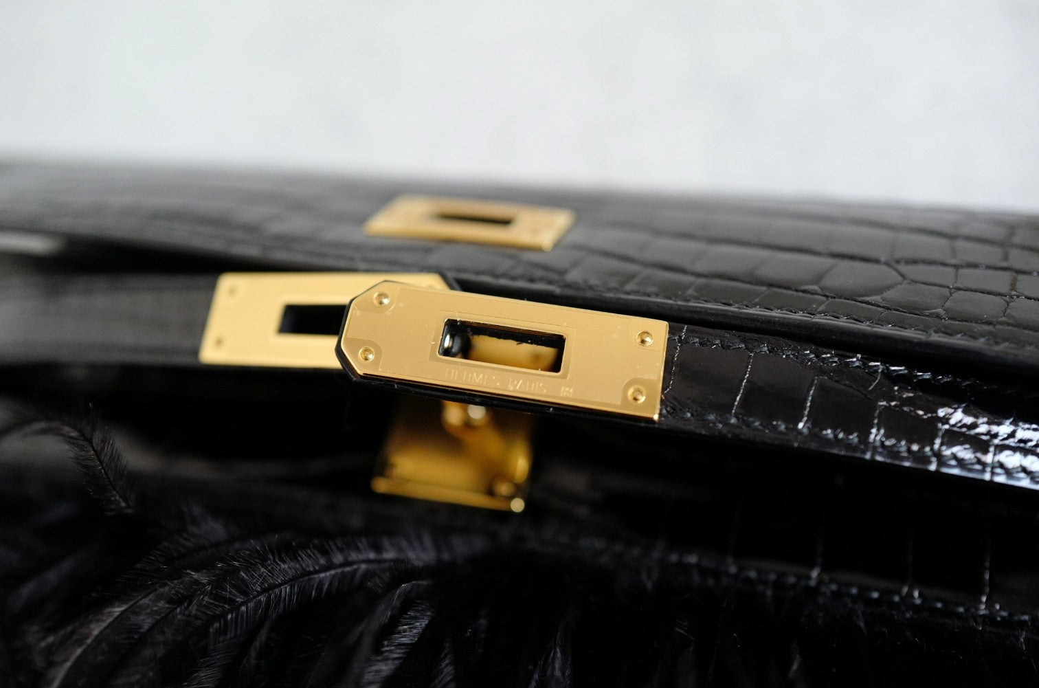 Hermès Kelly Elan Folie Clutch Black Porosus Crocodile & Feather Noir with Gold Hardware