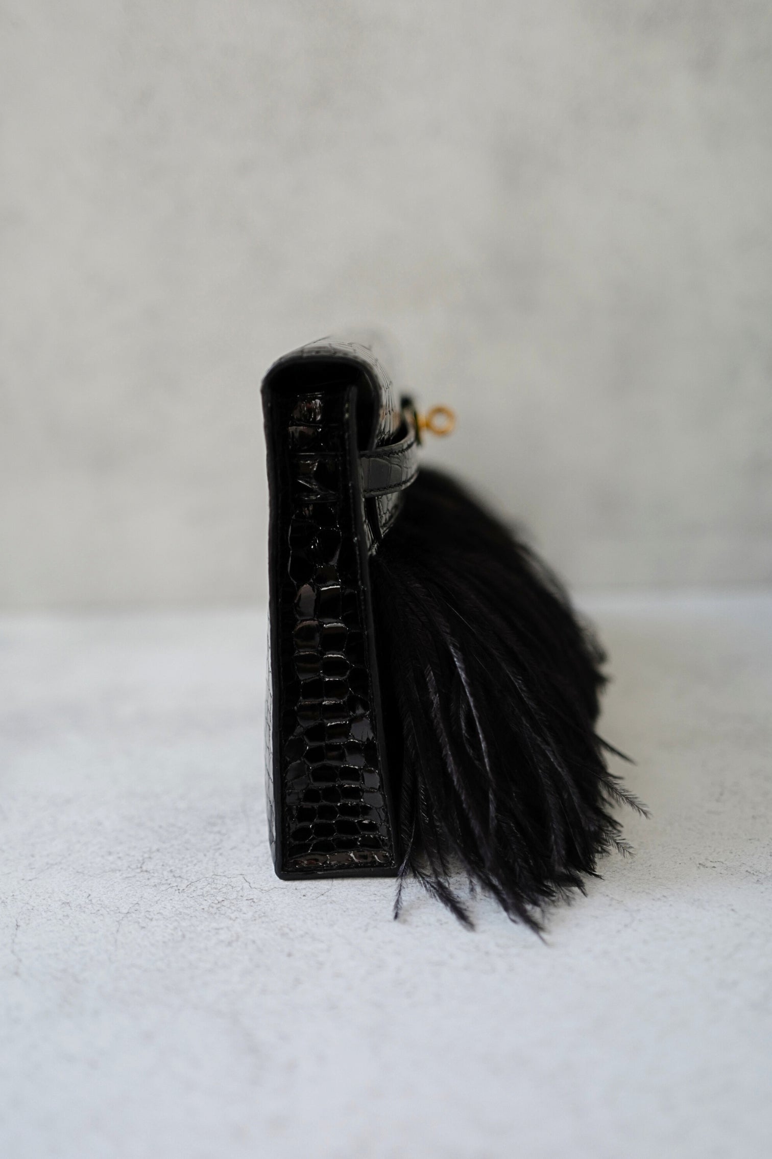 Hermès Kelly Elan Folie Clutch Black Porosus Crocodile & Feather Noir with Gold Hardware