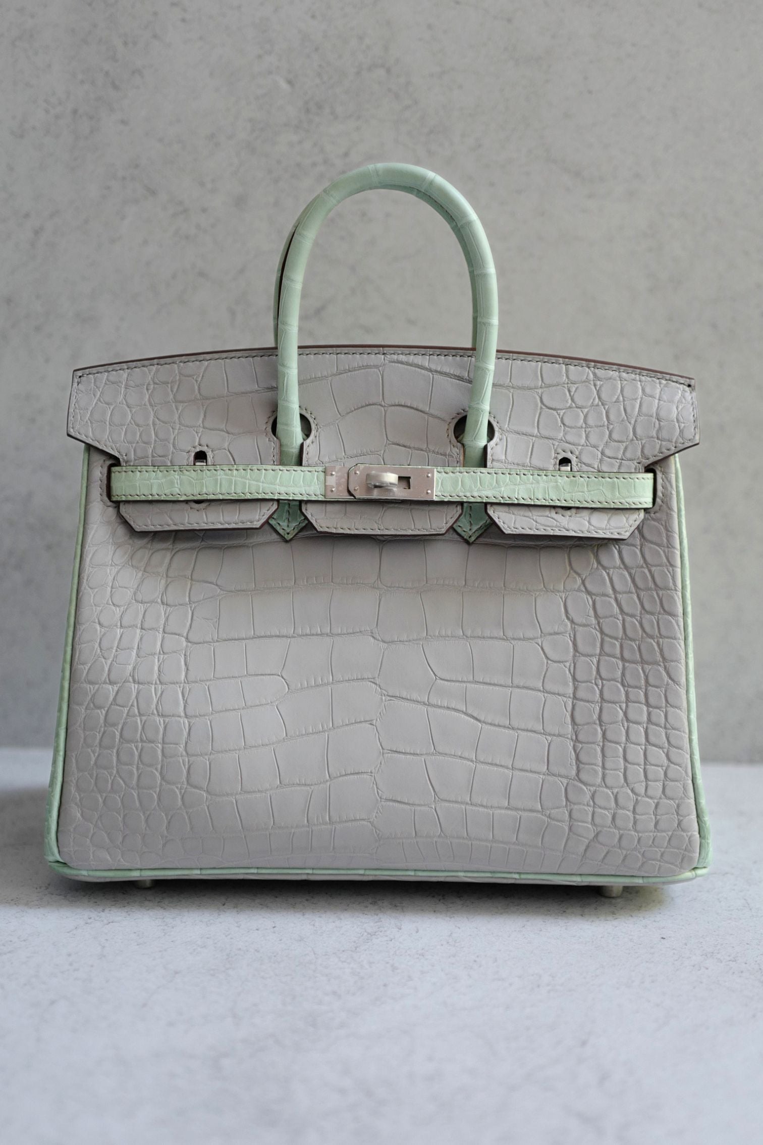 Hermès Birkin 25 HSS Gris Perle Vert D'eau Matte Crocodile Brushed PHW