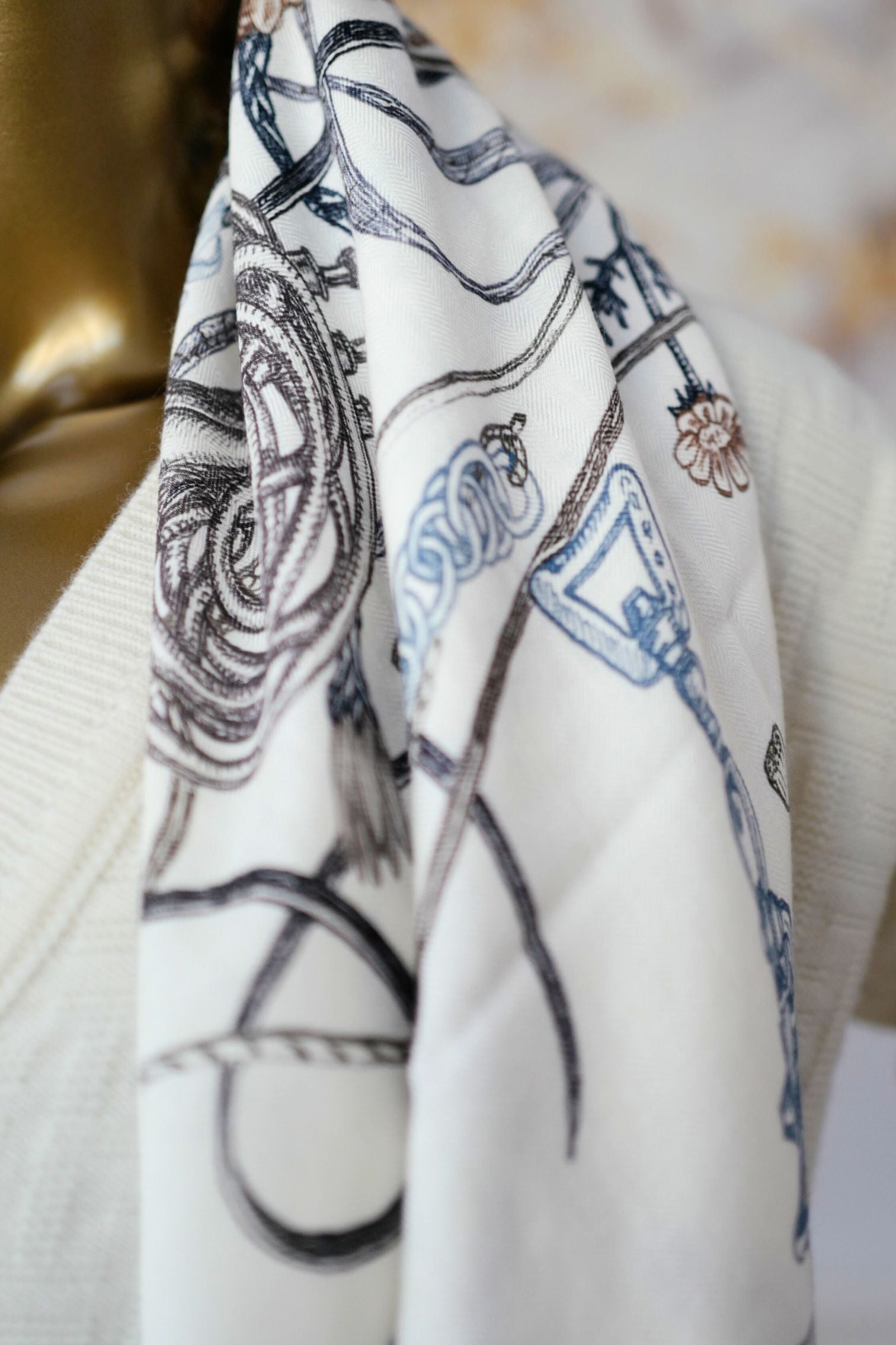 Hermès Le Monde d'Hermès Shawl 140 Cashmere Silk Scarf Blanc Ardoise Etoupe