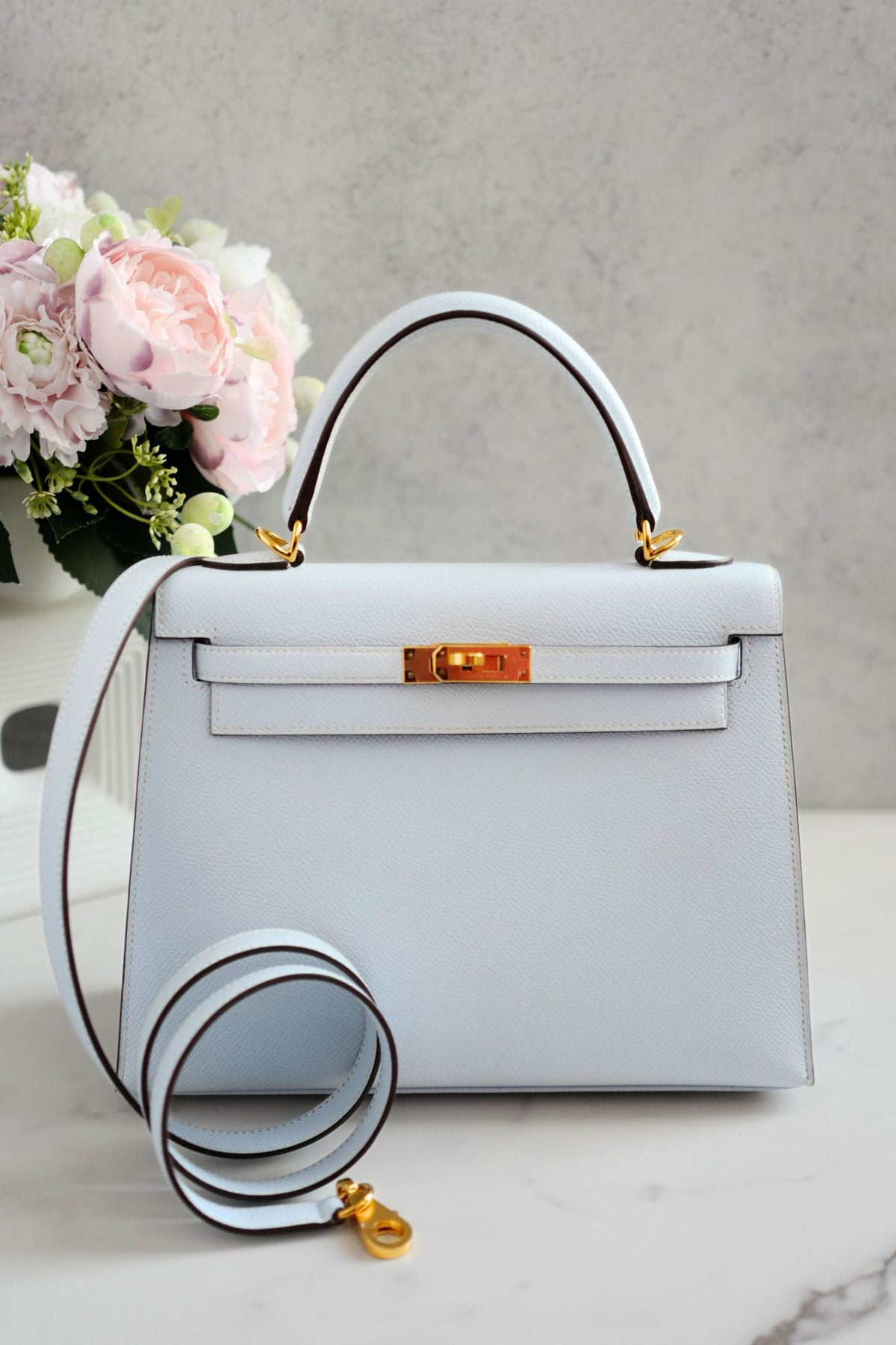 Hermes Kelly 25 Bleu Brume Epsom Sellier Gold Hardware