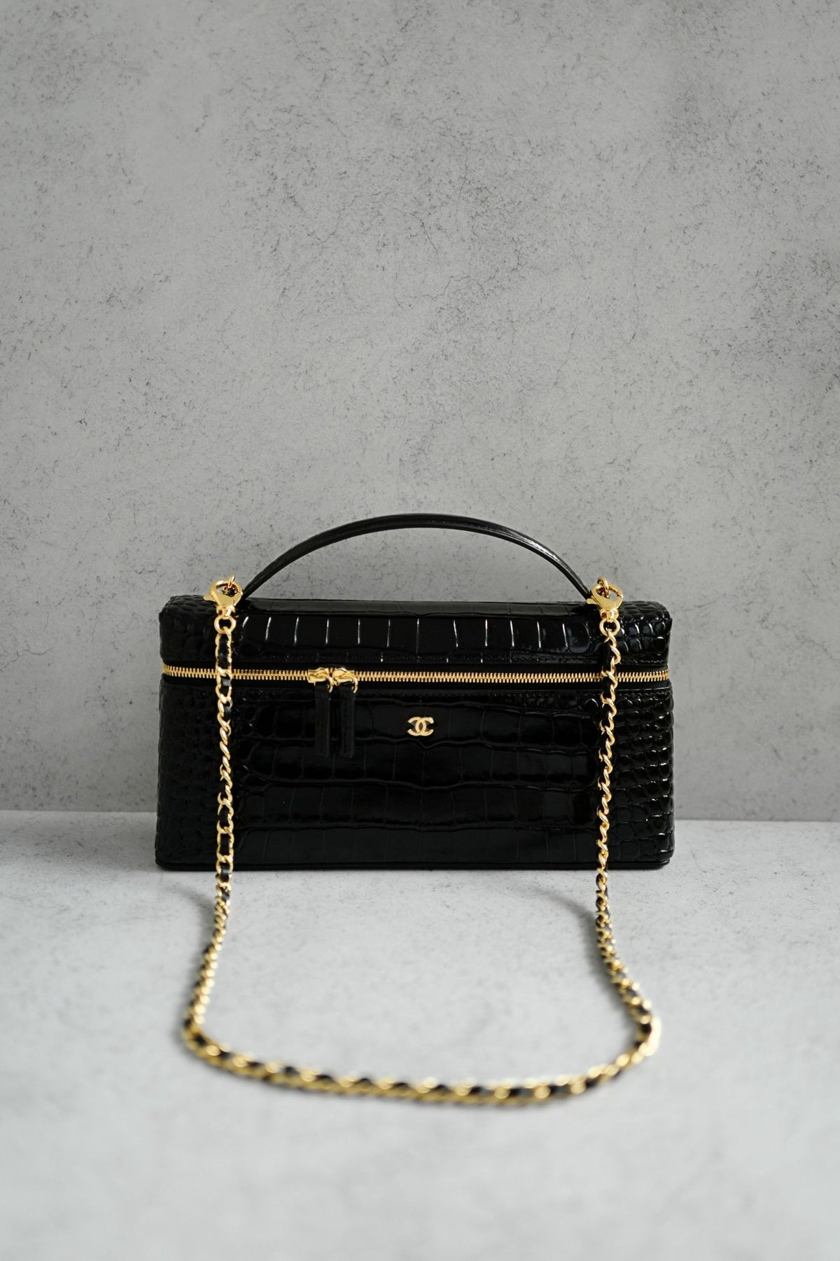 Chanel 26K Matthieu Blazy's Vanity with Chain Croc Embossed Black Calfskin Leather GHW
